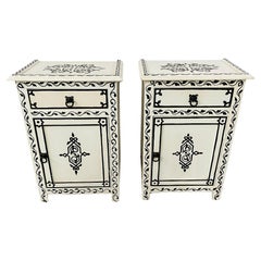 Vintage Moroccan Hand Painted Nightstand or End Table in Black & White, a Pair