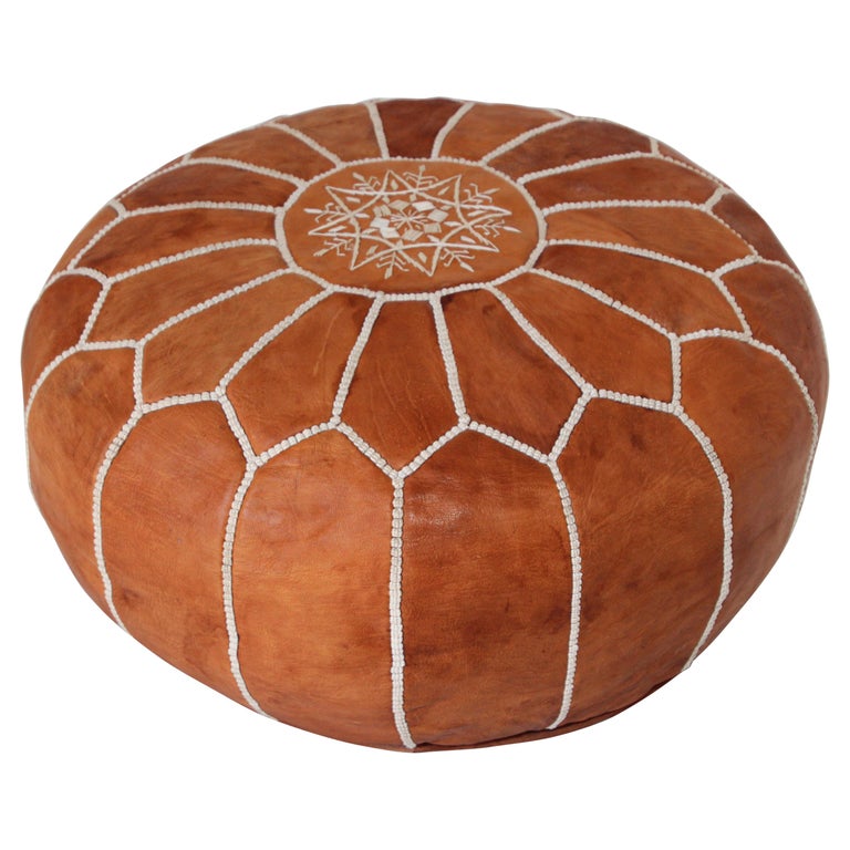 Vintage Moroccan Pouf Handcrafted Leather Stool For Sale