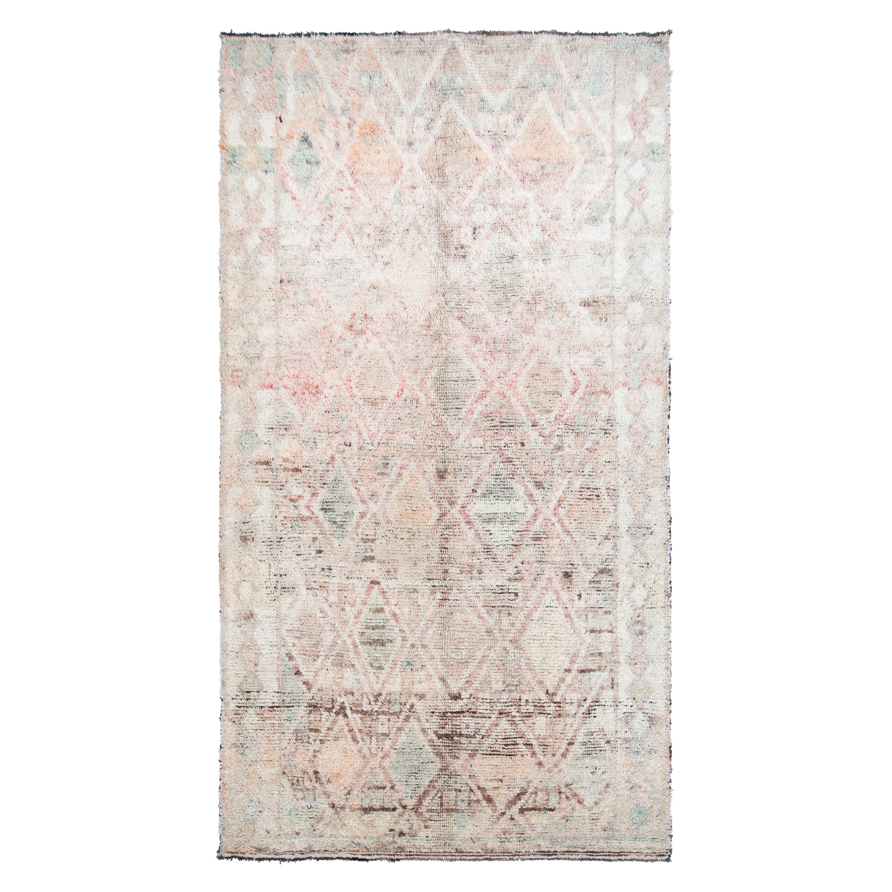 Vintage Moroccan Hand Knotted Diamond Pattern Rug in Beige and Pale Pink For Sale