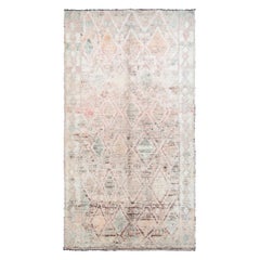 Retro Moroccan Hand Knotted Diamond Pattern Rug in Beige and Pale Pink