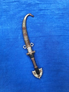Vintage Moroccan Handmade Koummya Dagger Knife, Curved Blade, Ebony & Silver