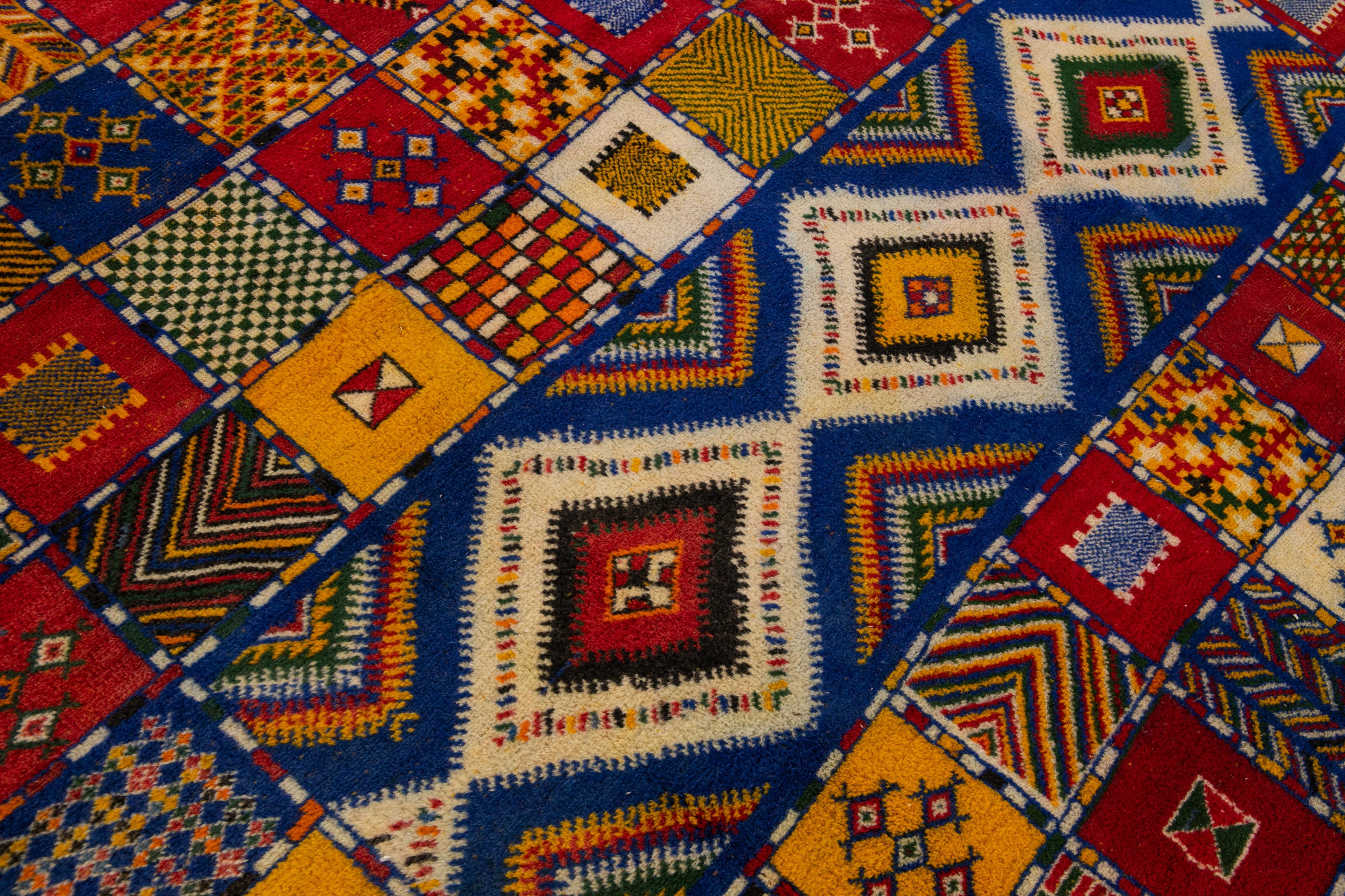 Vintage Moroccan Handmade Multicolor Geometric Designed Wool Rug For Sale 3
