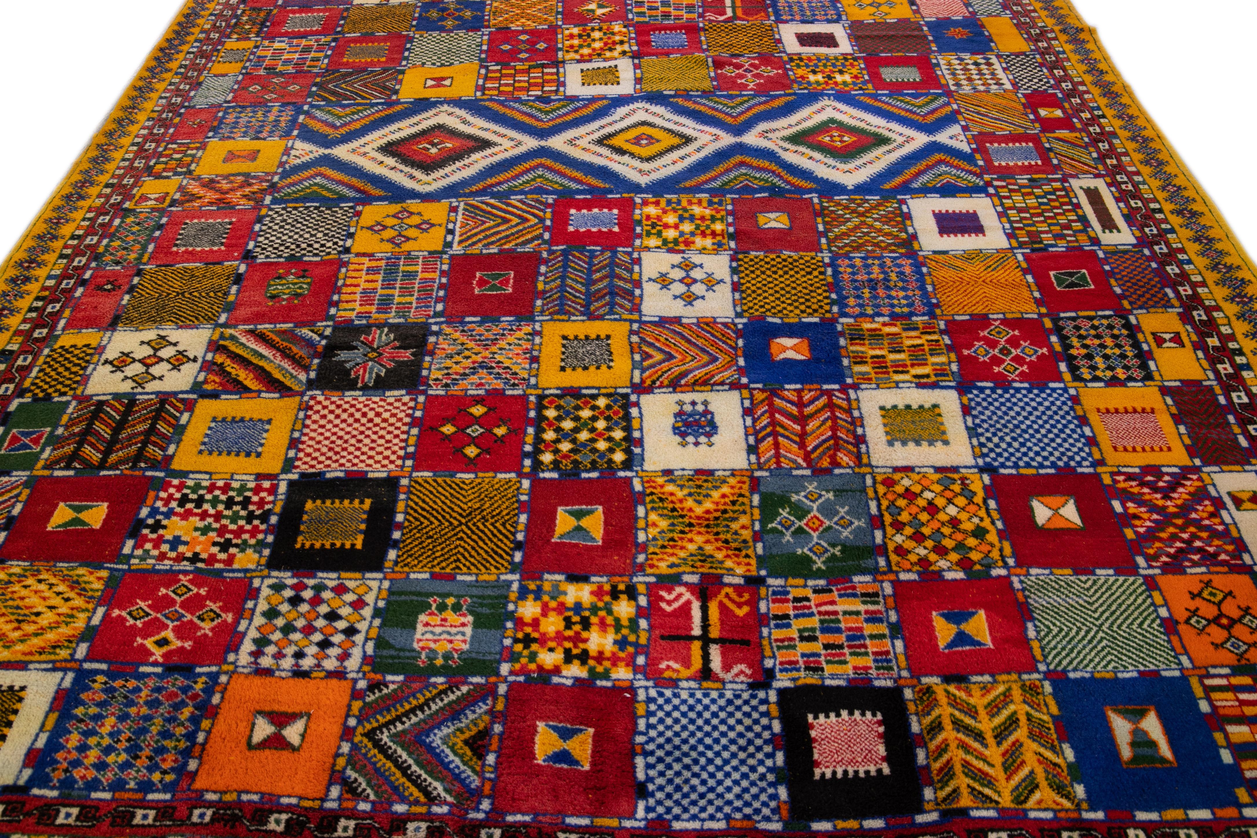 Bohemian Vintage Moroccan Handmade Multicolor Geometric Designed Wool Rug For Sale