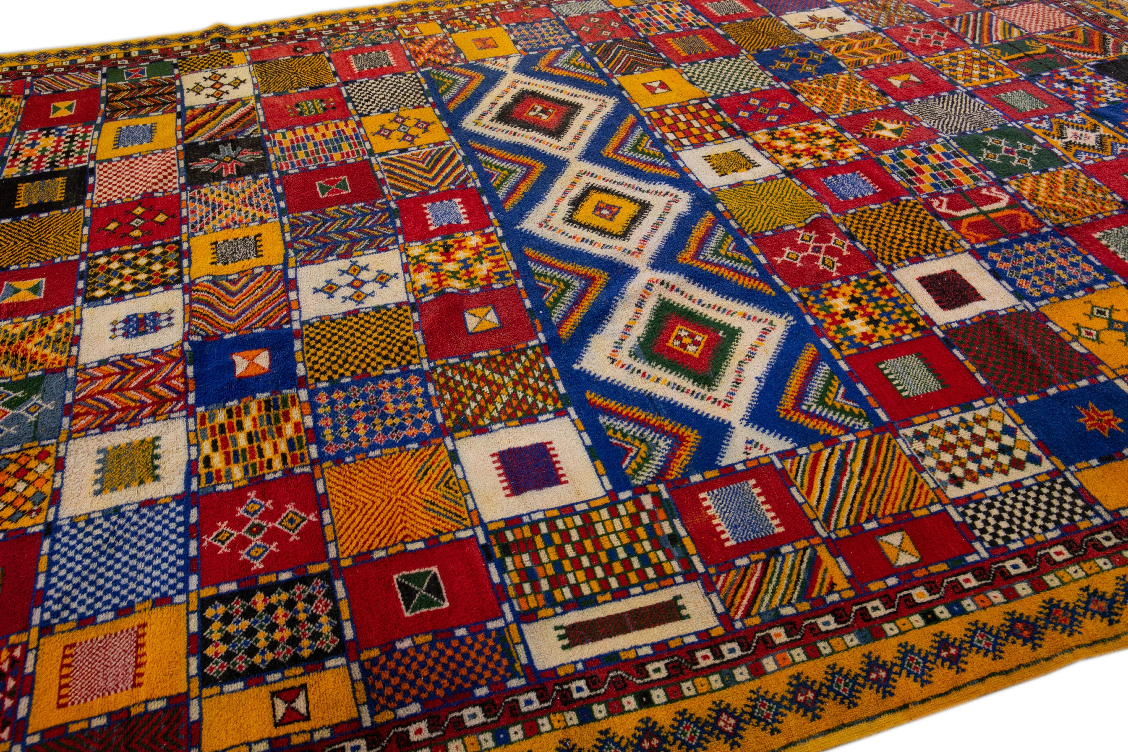 Hand-Knotted Vintage Moroccan Handmade Multicolor Geometric Designed Wool Rug For Sale