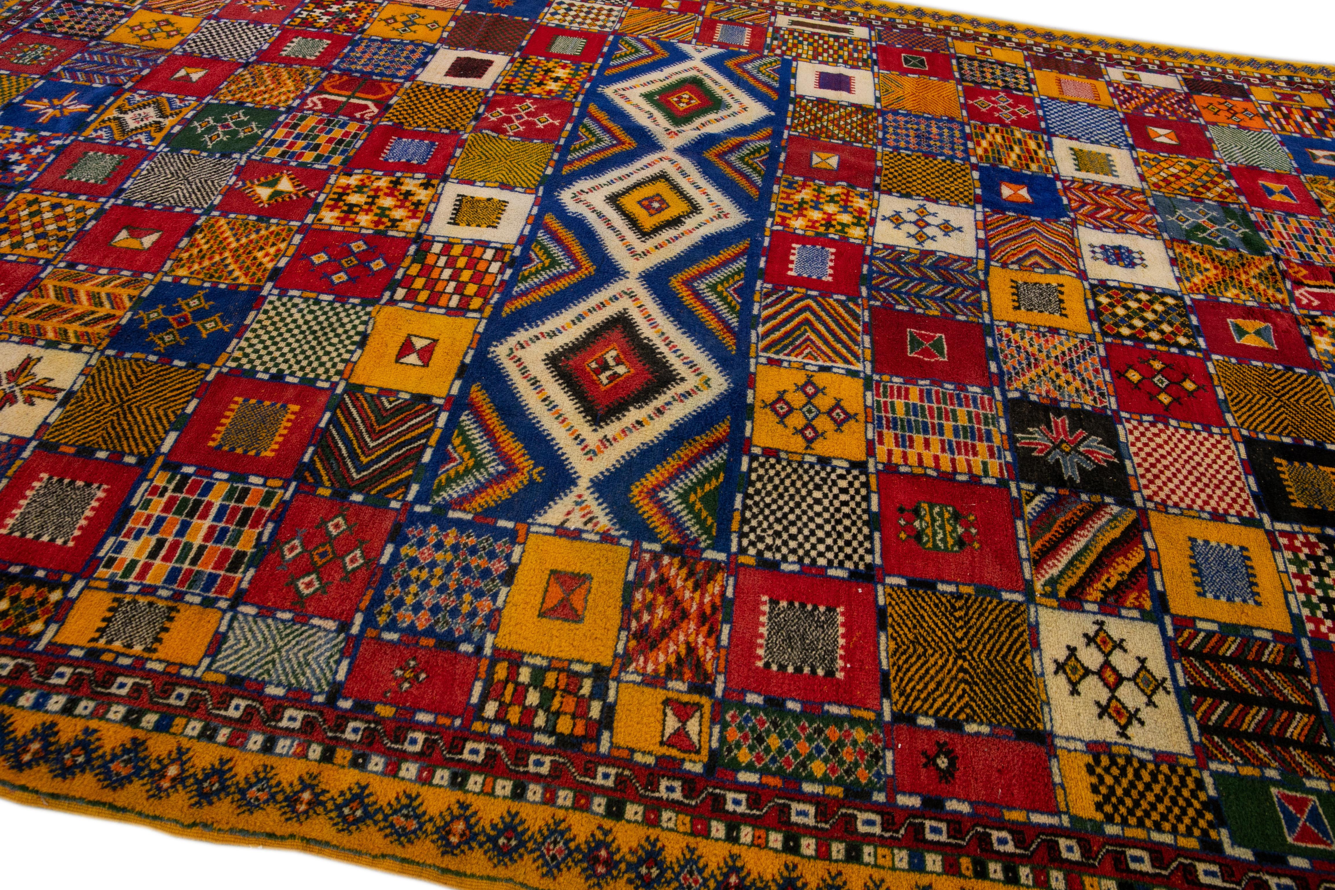 Vintage Moroccan Handmade Multicolor Geometric Designed Wool Rug For Sale 1