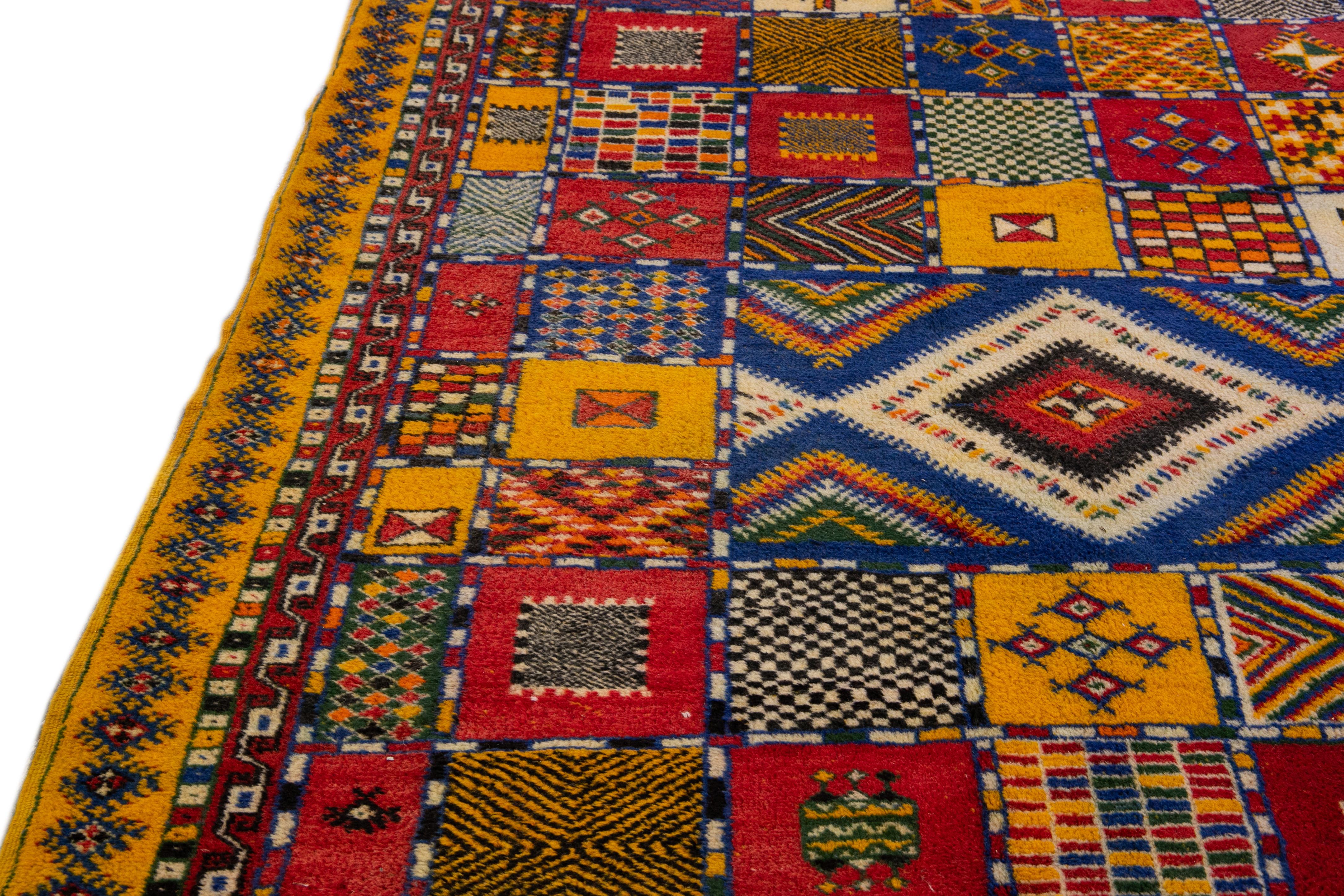 Vintage Moroccan Handmade Multicolor Geometric Designed Wool Rug For Sale 2