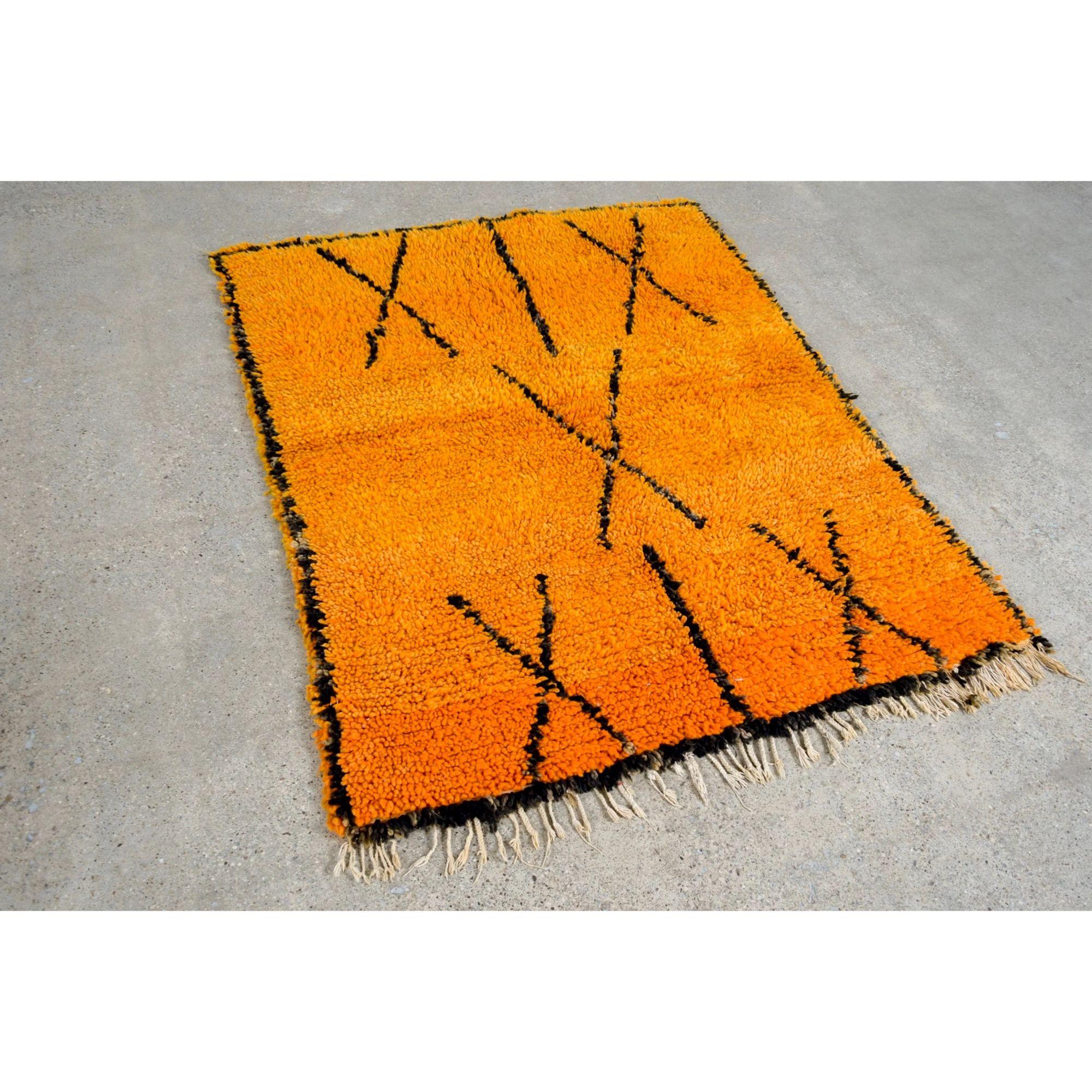 Vintage Moroccan Handmade Orange Wool Floor Rug In Good Condition In Detroit, MI