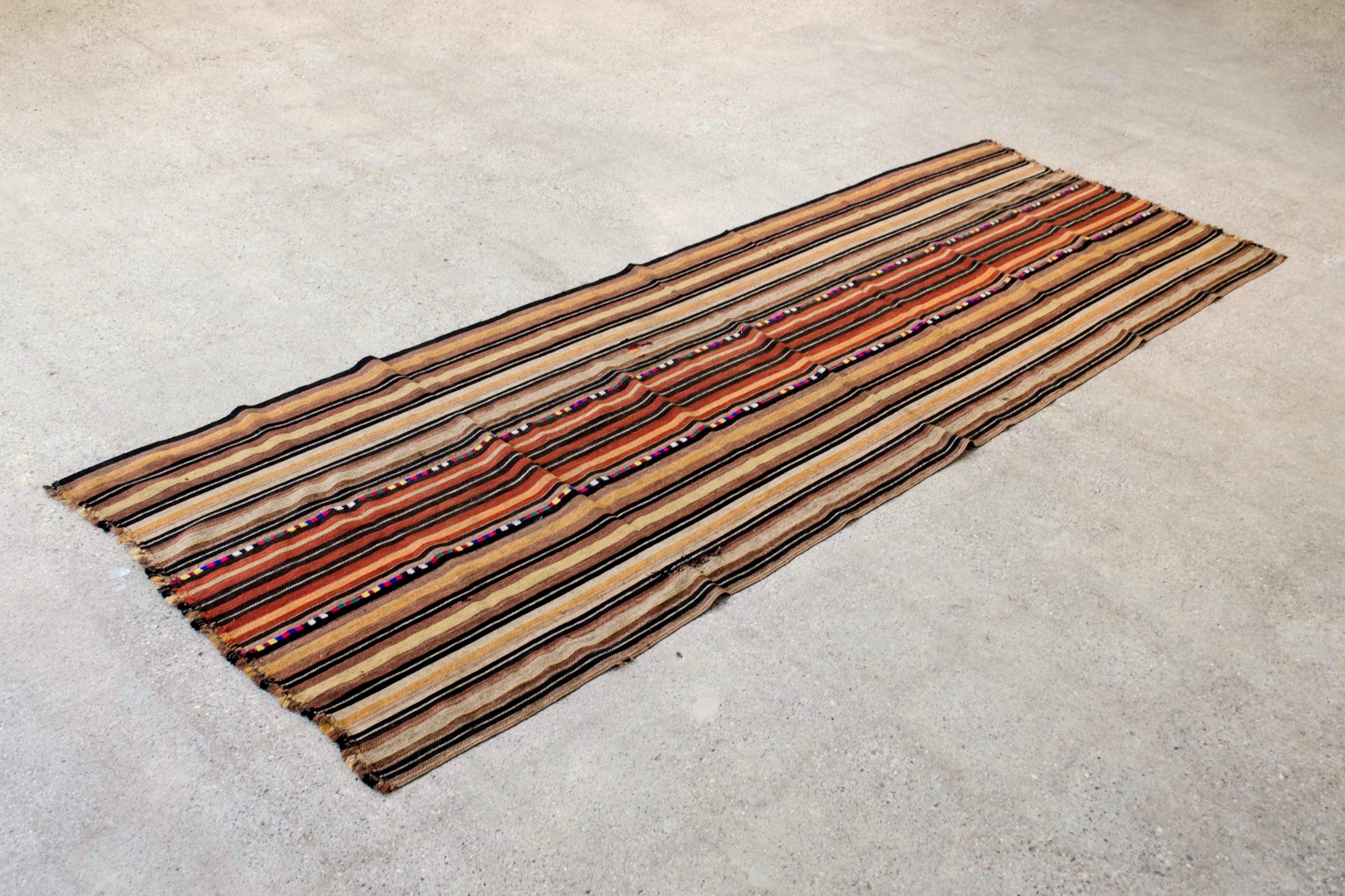 Vintage Moroccan Handwoven Brown Striped Kilim Rug Floor Runner For Sale 2