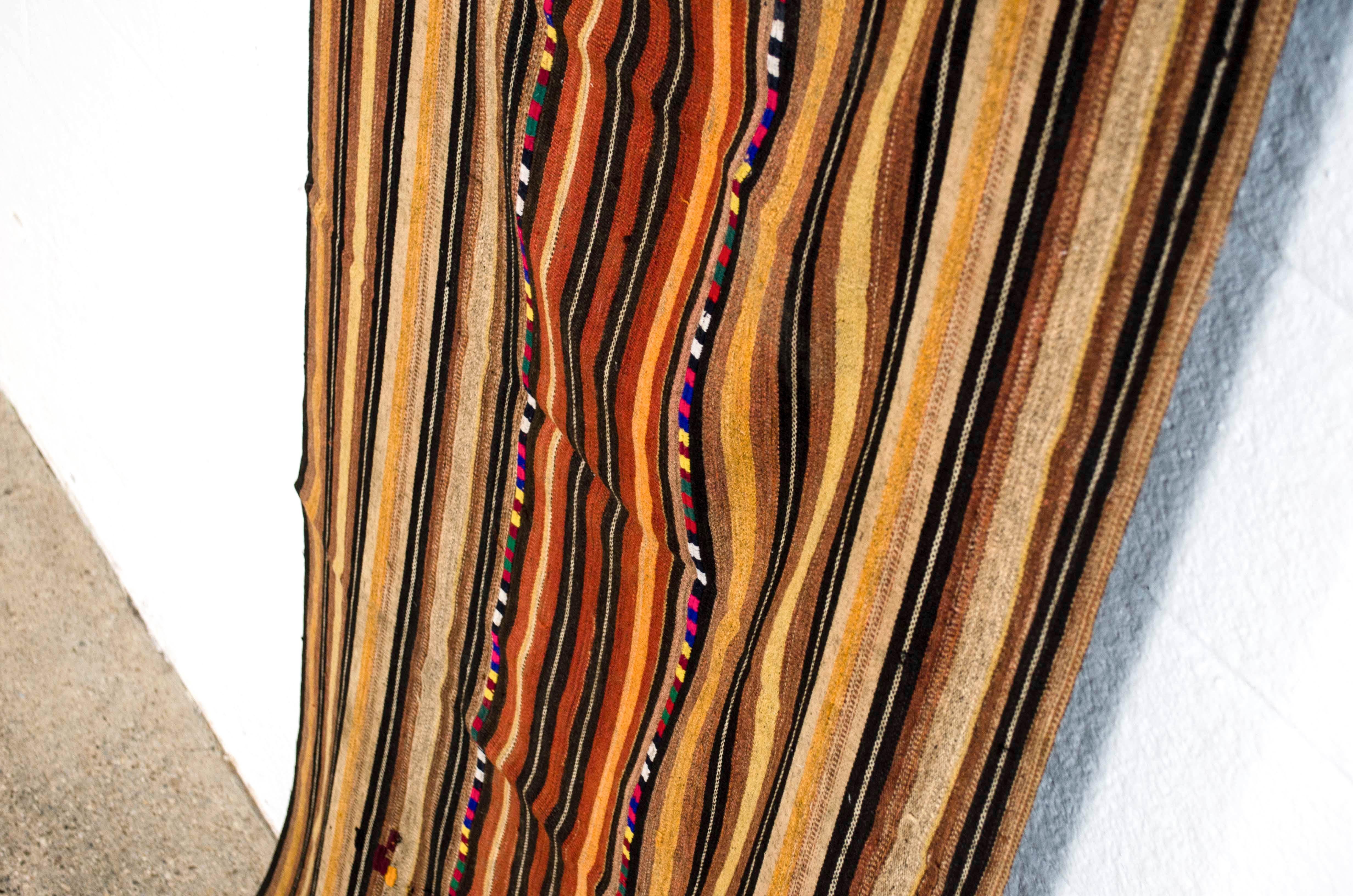 Tribal Vintage Moroccan Handwoven Brown Striped Kilim Rug Floor Runner For Sale