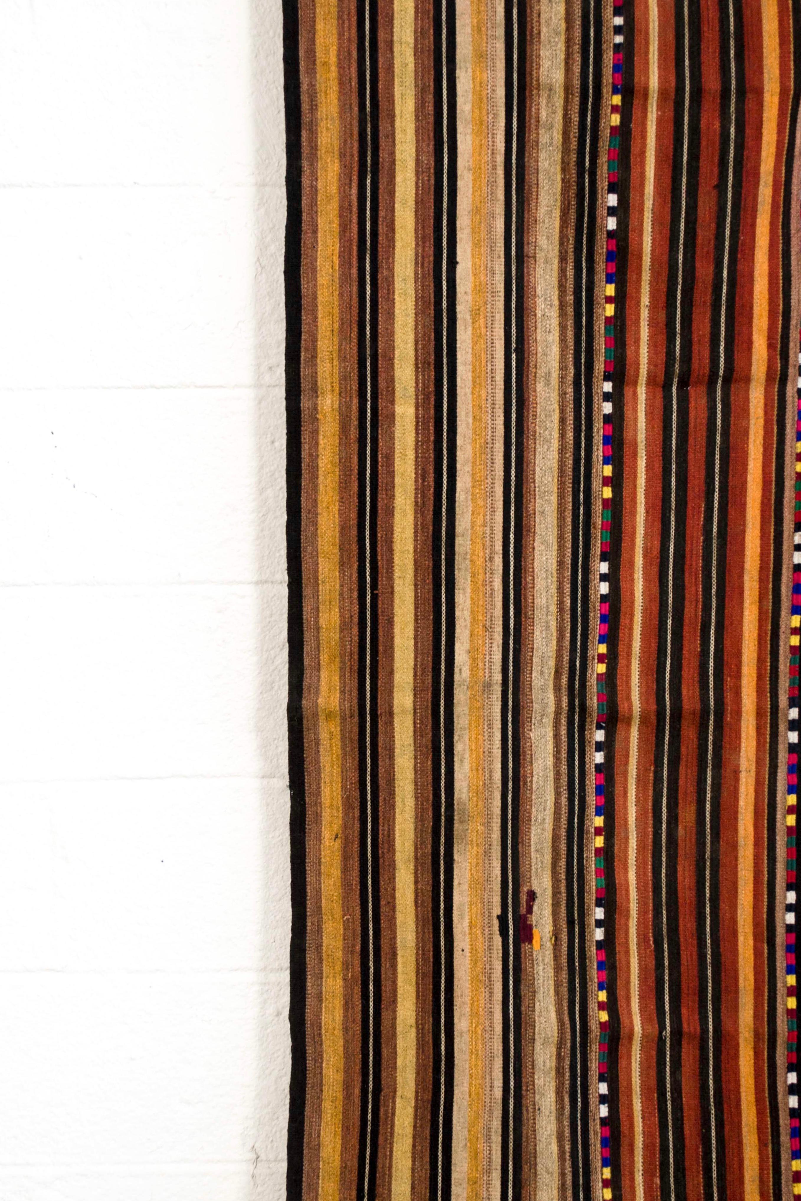 Hand-Woven Vintage Moroccan Handwoven Brown Striped Kilim Rug Floor Runner For Sale