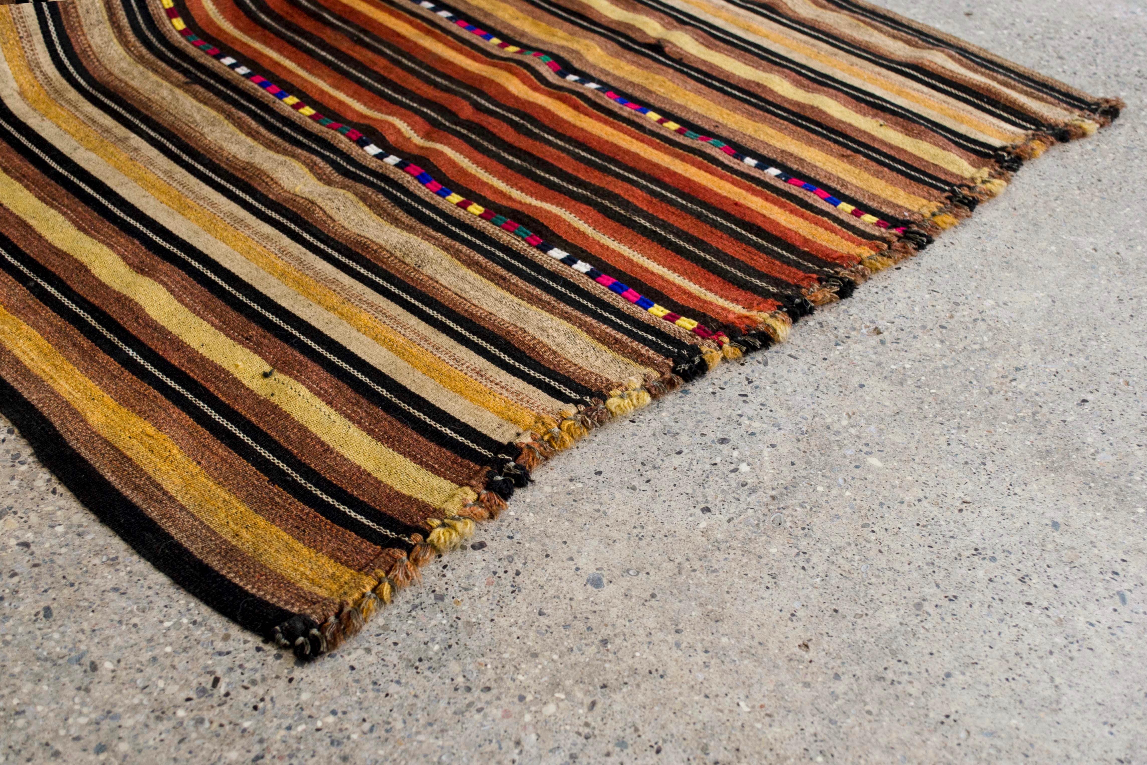 Vintage Moroccan Handwoven Brown Striped Kilim Rug Floor Runner In Good Condition For Sale In Detroit, MI