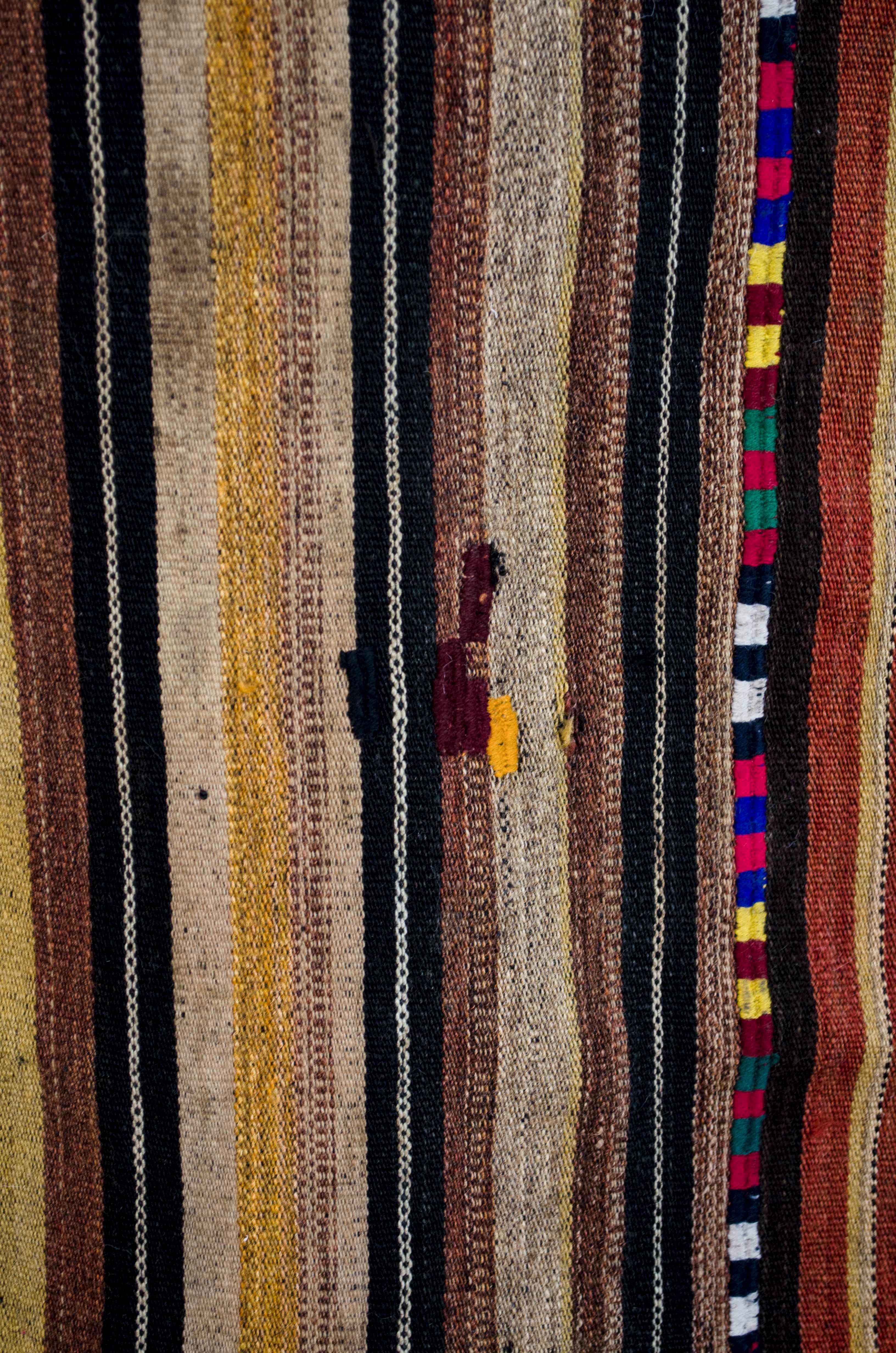 Wool Vintage Moroccan Handwoven Brown Striped Kilim Rug Floor Runner For Sale
