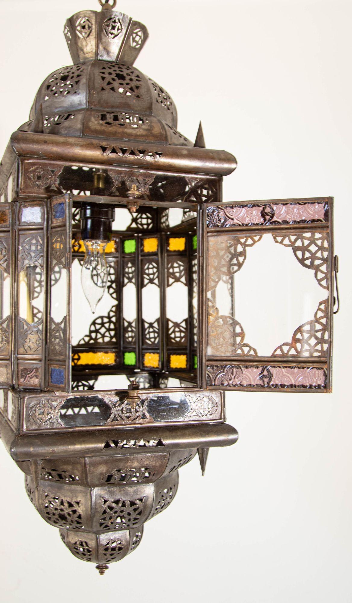 Vintage Moroccan Hanging Lantern Clear and Multicolor Glass Made in Marrakech For Sale 3