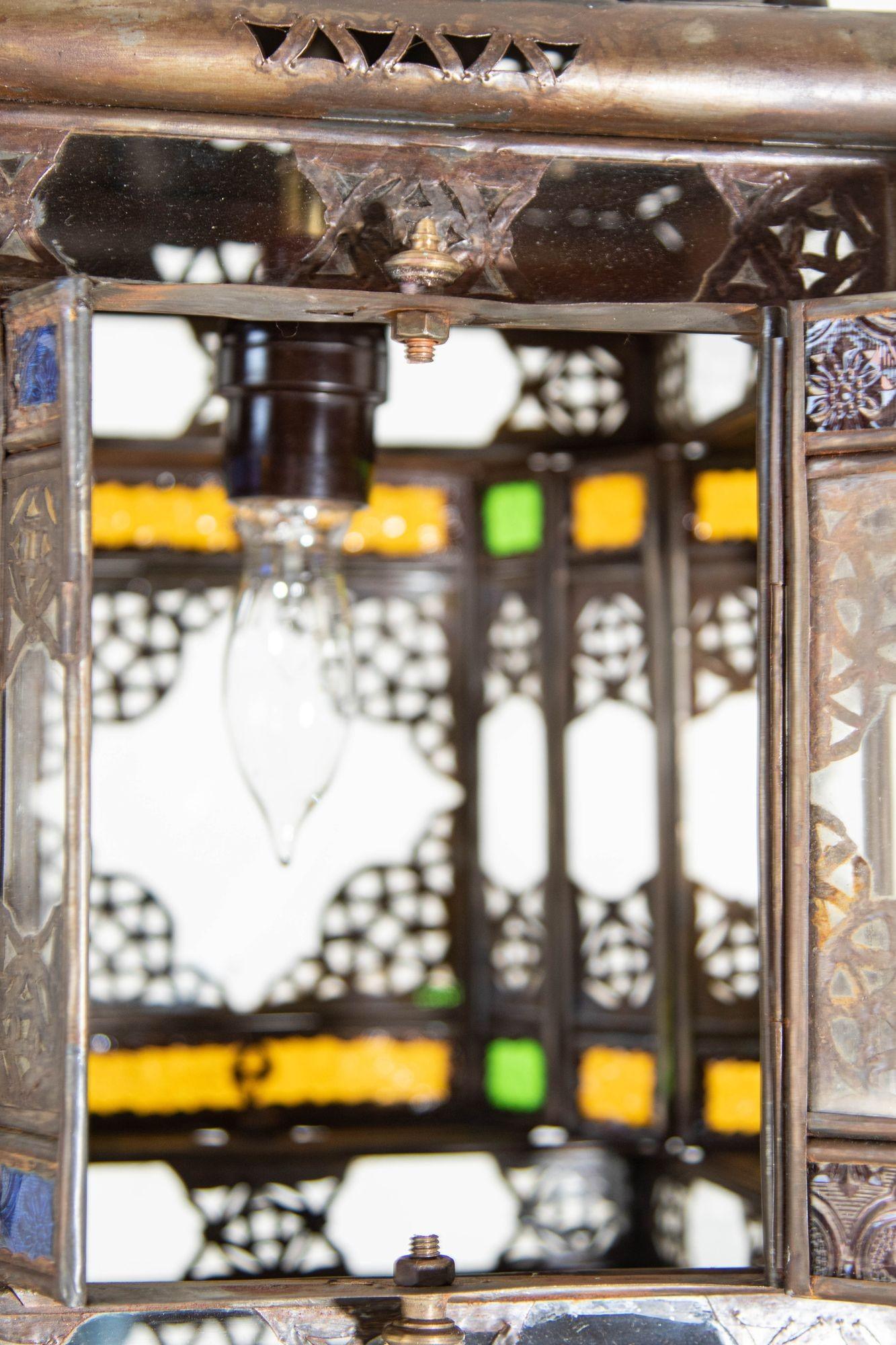 Vintage Moroccan Hanging Lantern Clear and Multicolor Glass Made in Marrakech For Sale 4