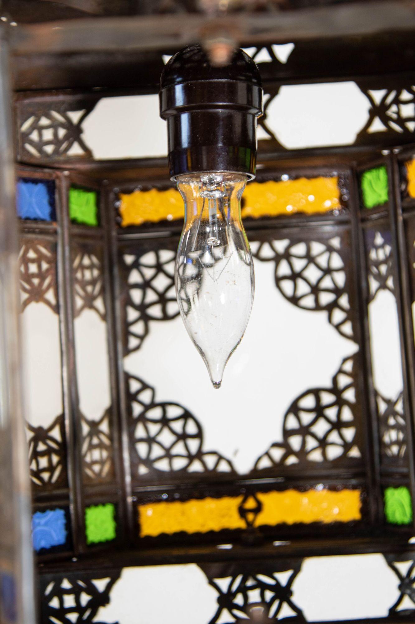 Vintage Moroccan Hanging Lantern Clear and Multicolor Glass Made in Marrakech For Sale 5