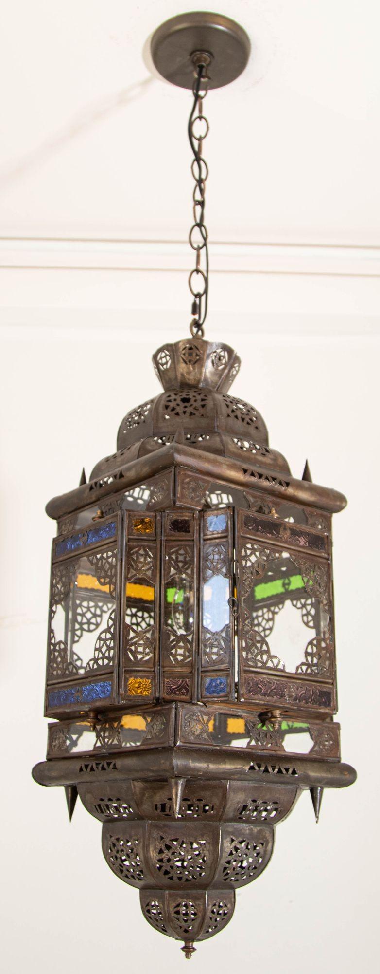 Vintage Moroccan Hanging Lantern Clear and Multicolor Glass Made in Marrakech For Sale 6