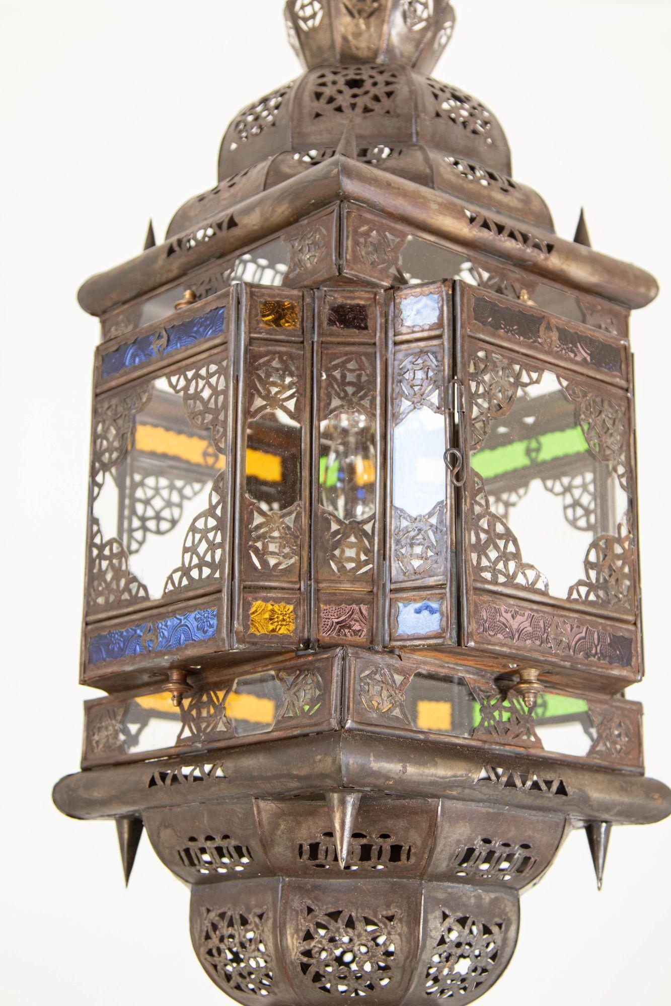 Vintage Moroccan Hanging Lantern Clear and Multicolor Glass Made in Marrakech For Sale 7