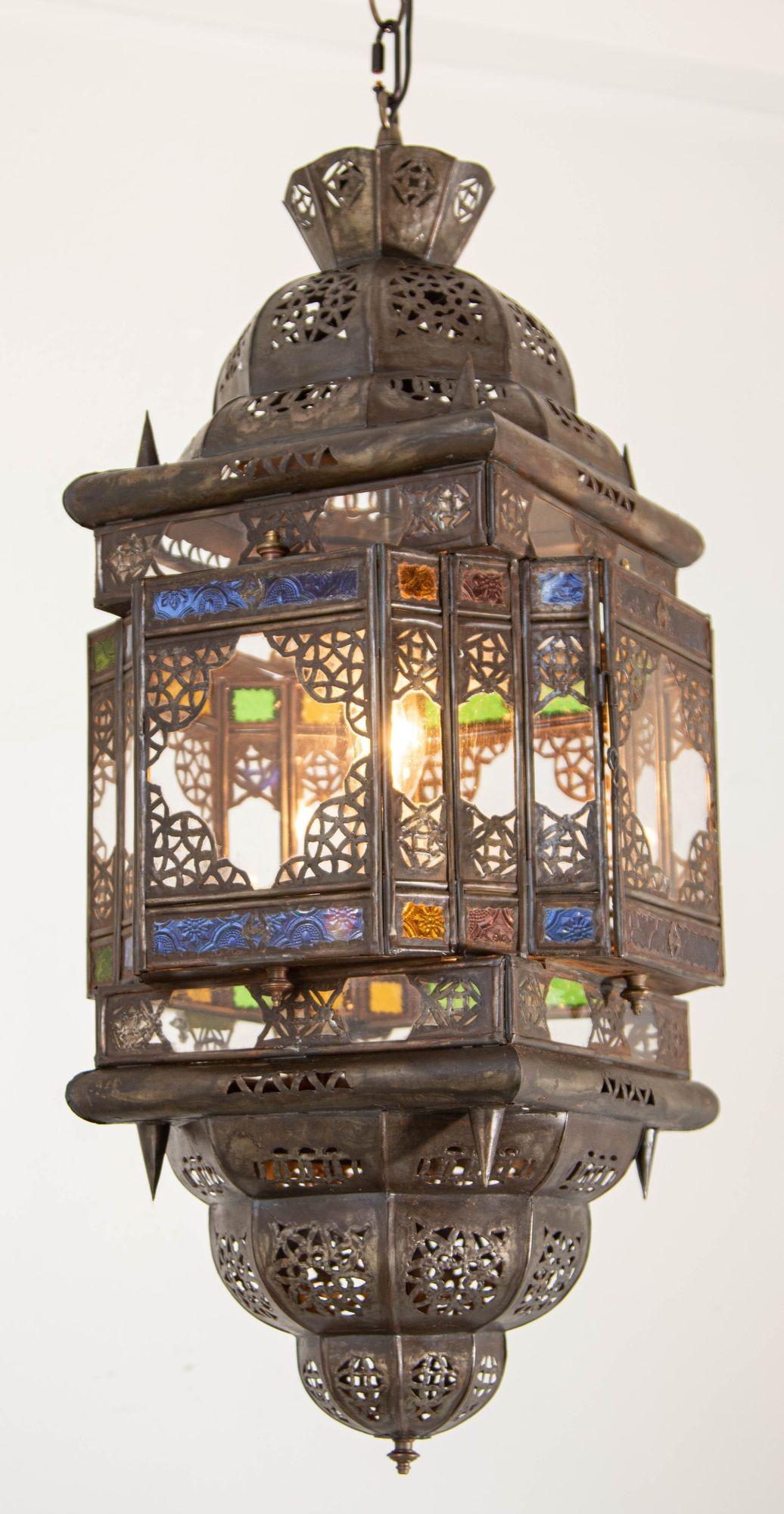 Moorish Vintage Moroccan Hanging Lantern Clear and Multicolor Glass Made in Marrakech For Sale
