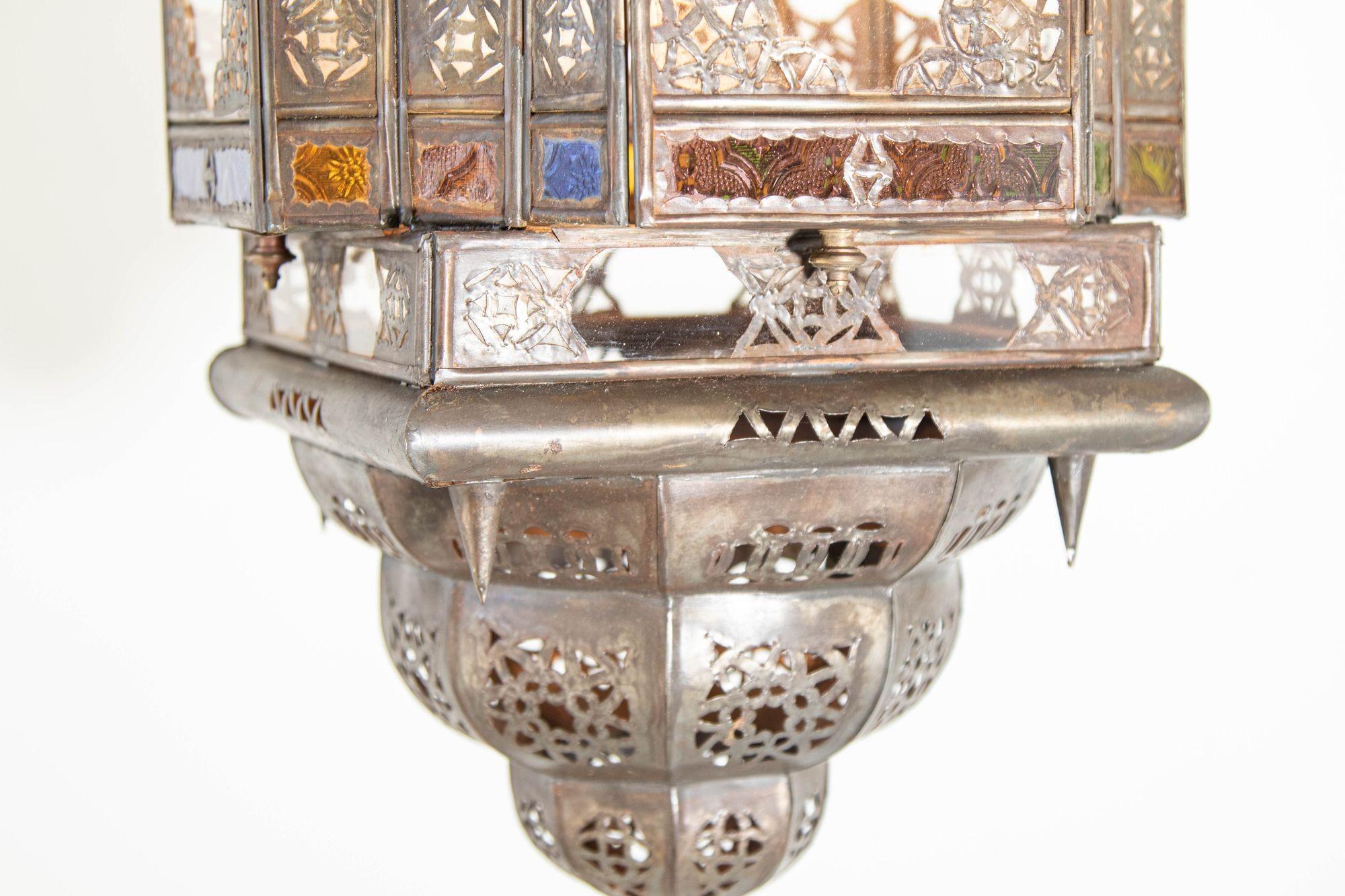 20th Century Vintage Moroccan Hanging Lantern Clear and Multicolor Glass Made in Marrakech For Sale