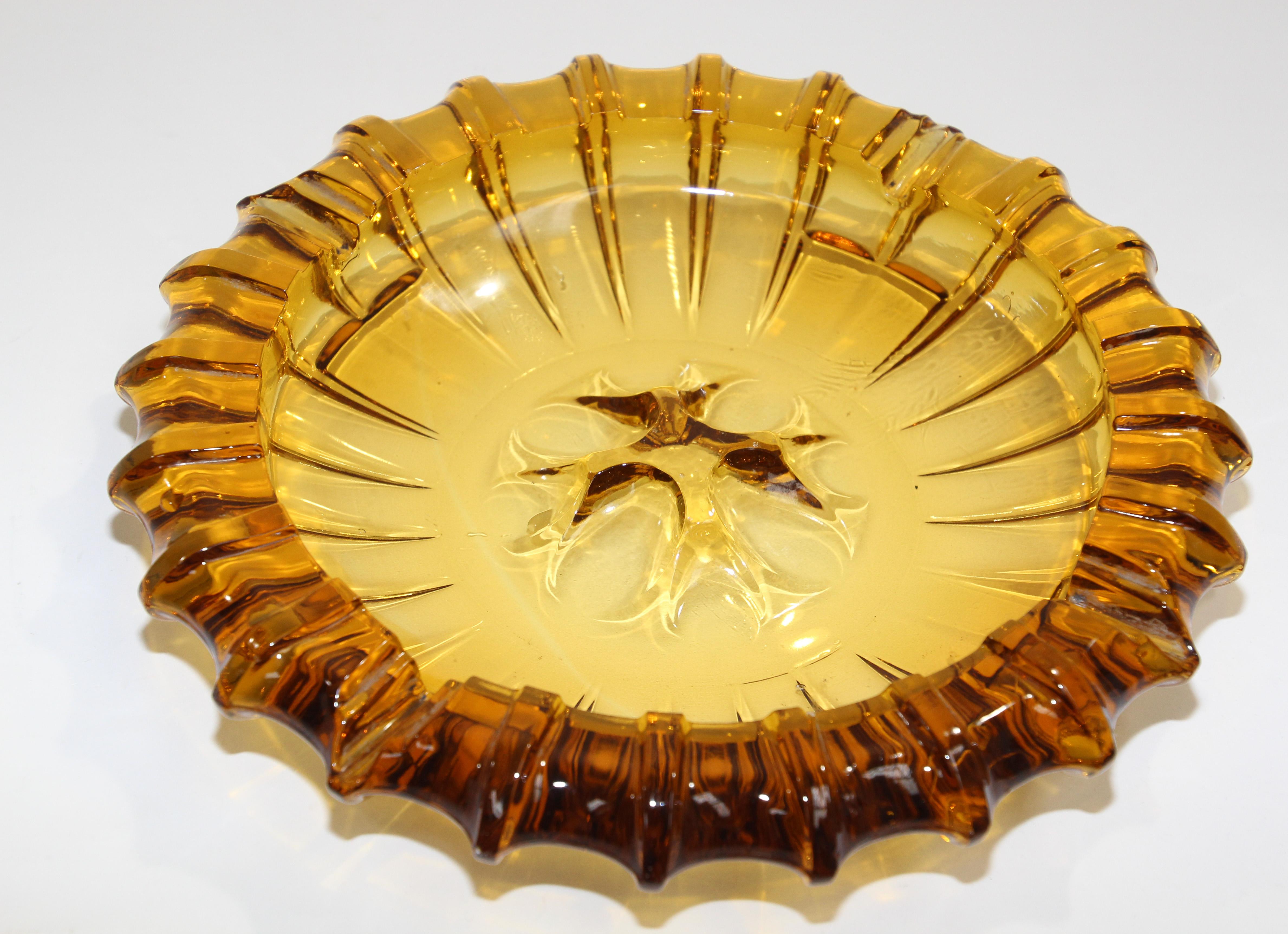 Vintage Moroccan Hazel Atlas Round Amber Glass Cigar Ashtray 2