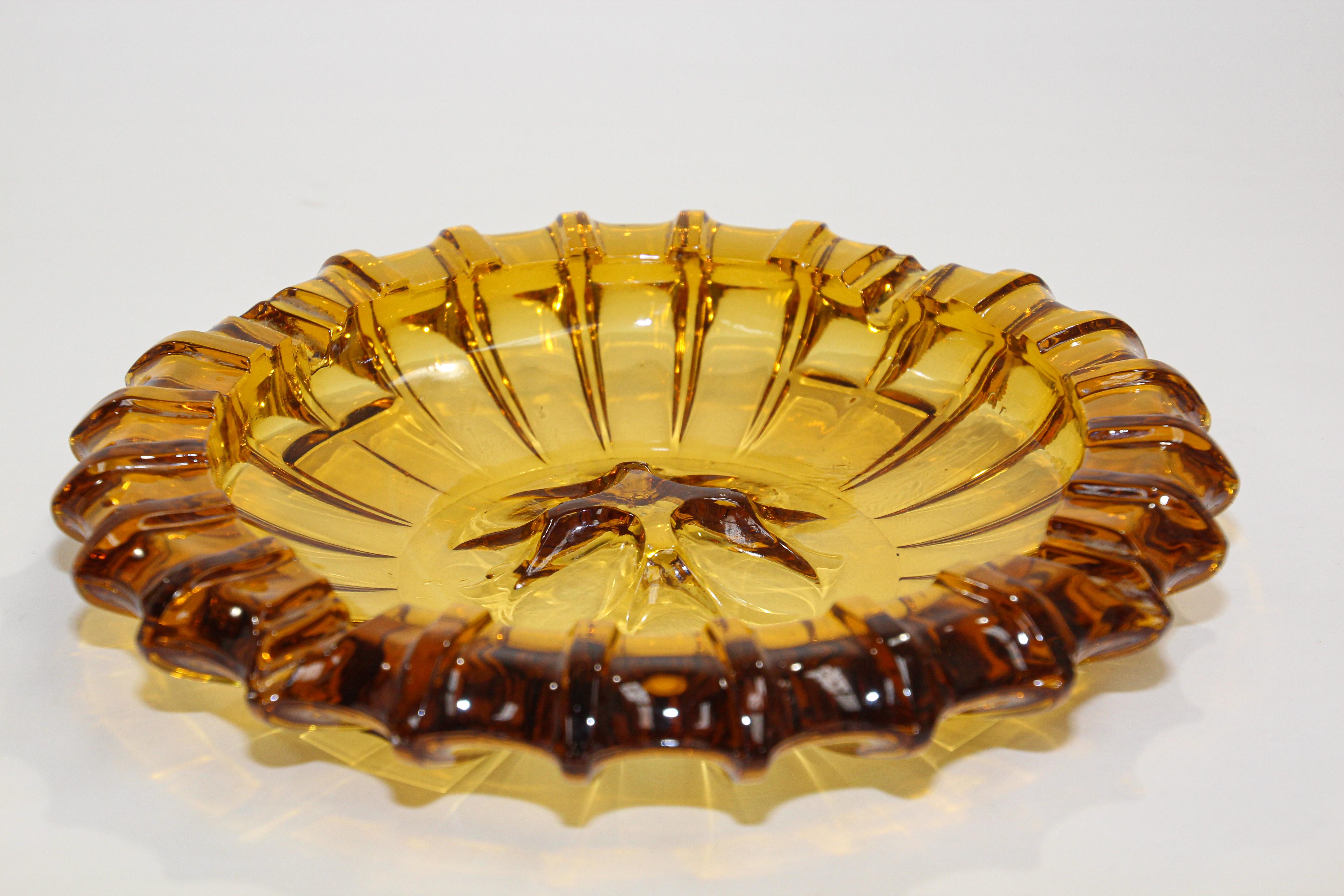 Vintage Moroccan Hazel Atlas Round Amber Glass Cigar Ashtray 4