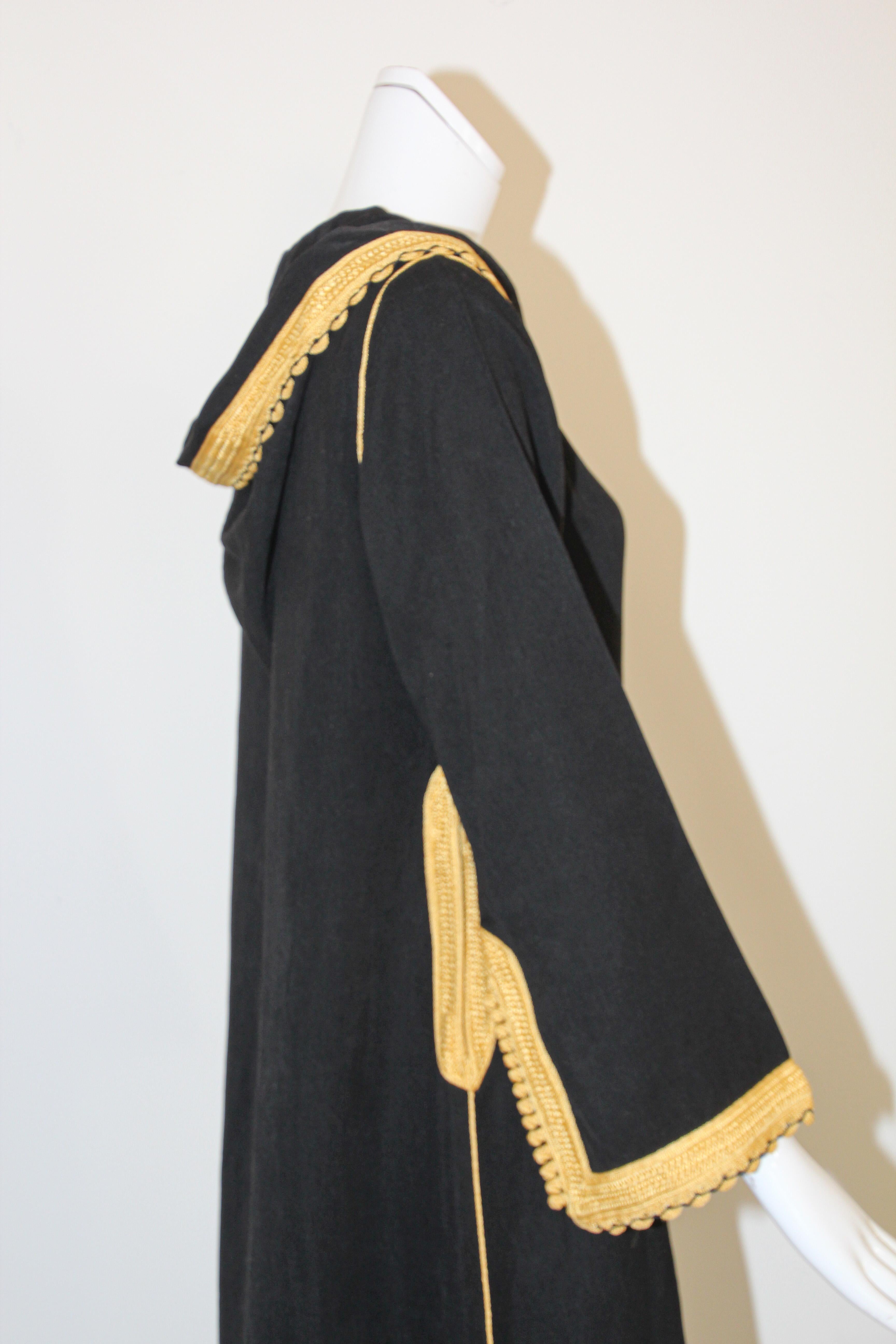 Bohemian Vintage Moroccan Caftan, Hooded Black and Gold Trim Kaftan Circa 1970's For Sale