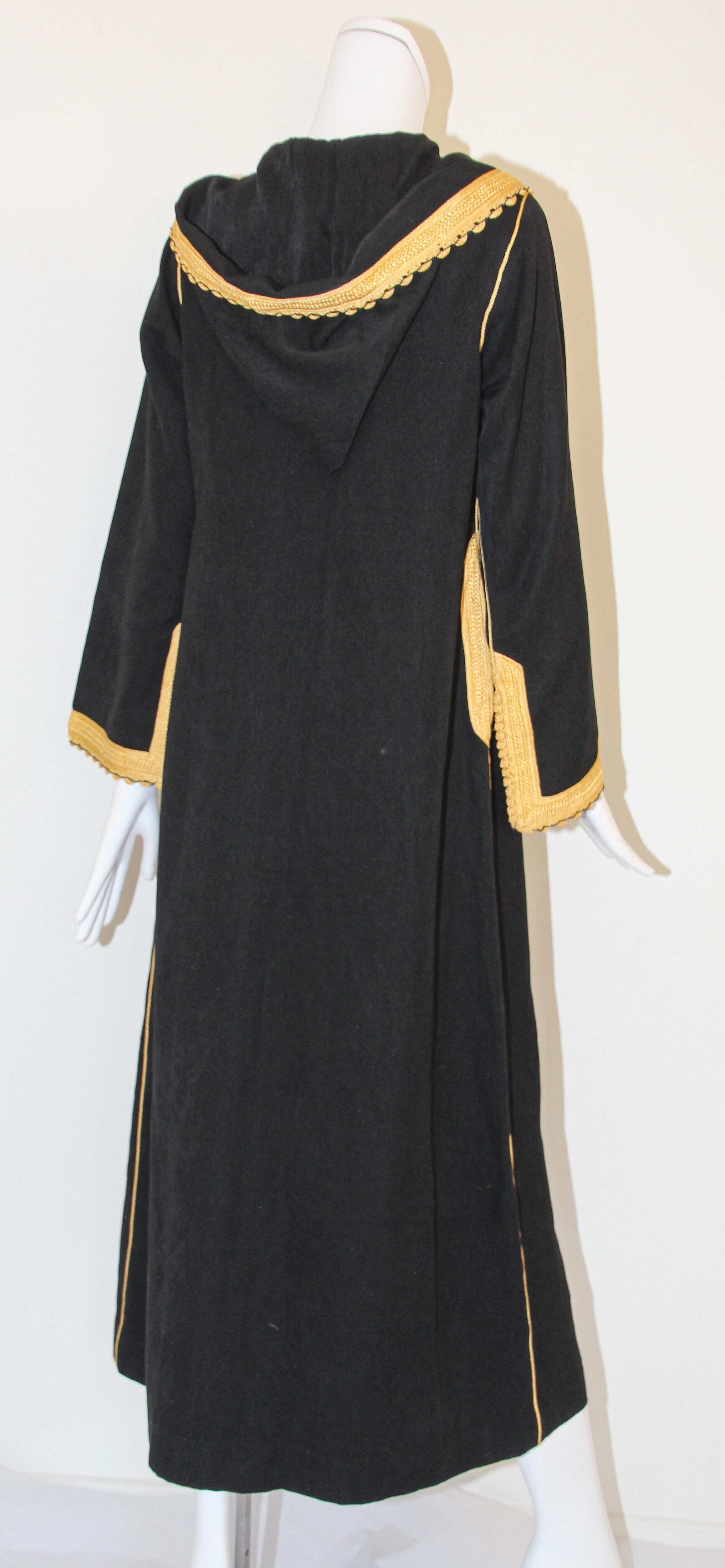 Embroidered Vintage Moroccan Caftan, Hooded Black and Gold Trim Kaftan Circa 1970's For Sale