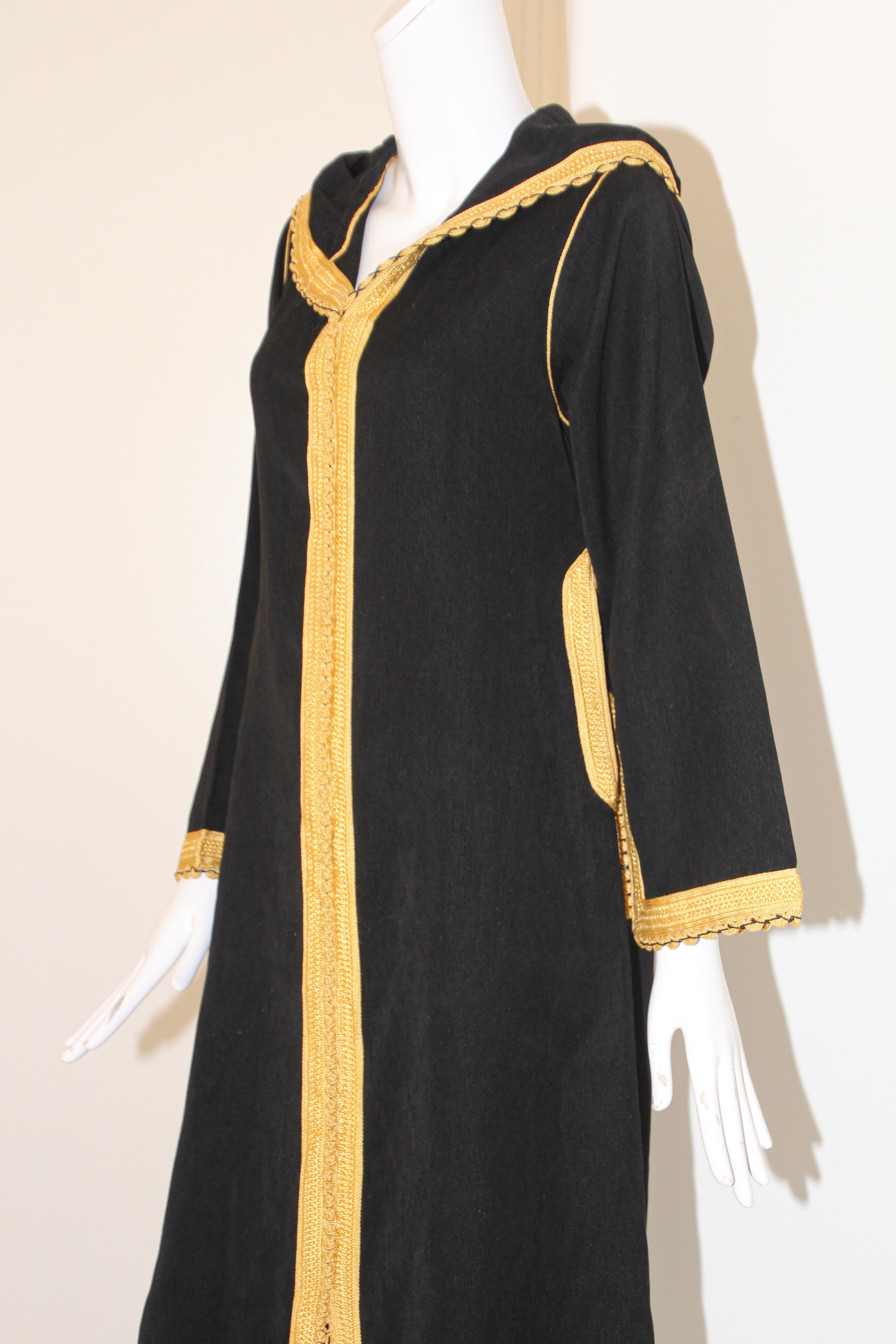 20th Century Vintage Moroccan Caftan, Hooded Black and Gold Trim Kaftan Circa 1970's For Sale