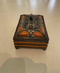 Vintage Moroccan Inlaid Camel Bone, Silver & Brass Casket Trinket Box