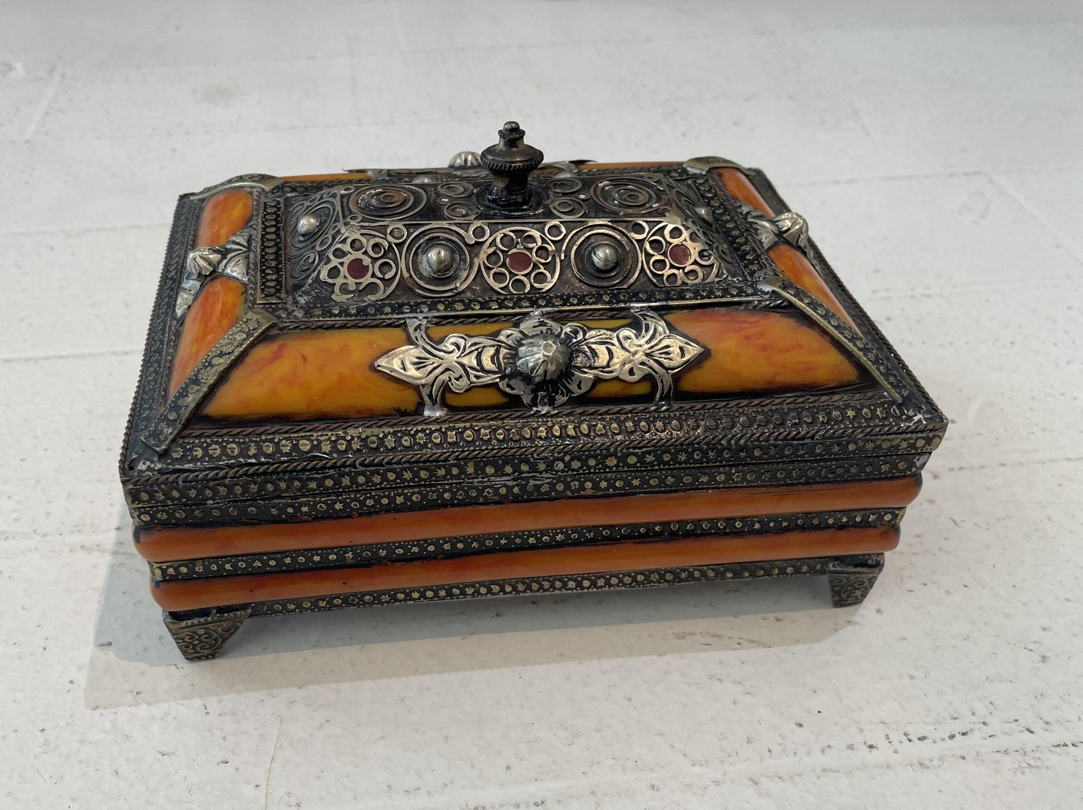 Vintage marokkanischen Intarsien Kamelknochen, Silber & Messing Schatulle Trinket Box (Maurisch)