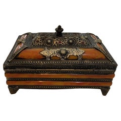 Vintage Moroccan Inlaid Camel Bone, Silver & Brass Casket Trinket Box