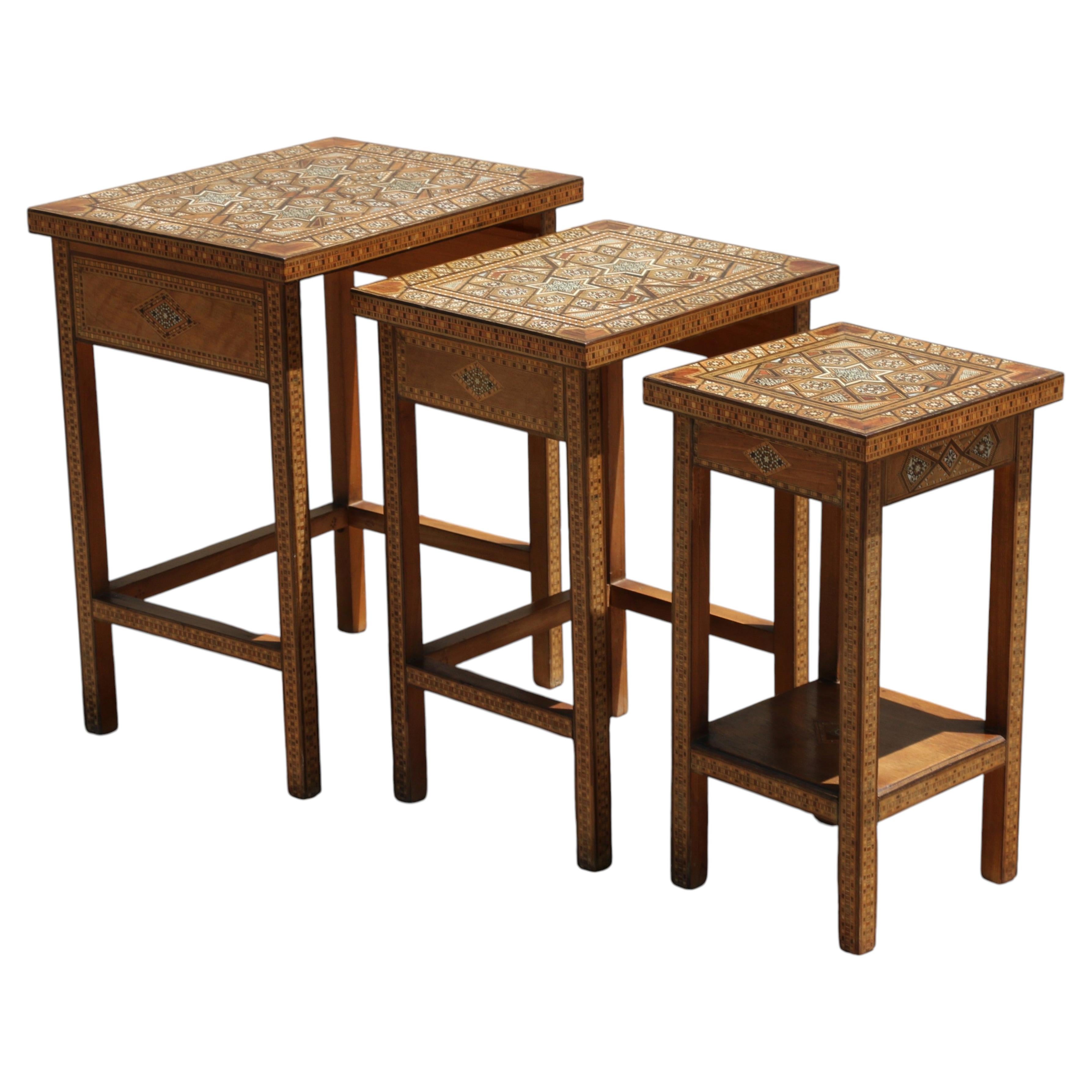 Vintage Moroccan Inlaid Nesting Tables  Moorish Geometric Side Tables Set of 3 For Sale