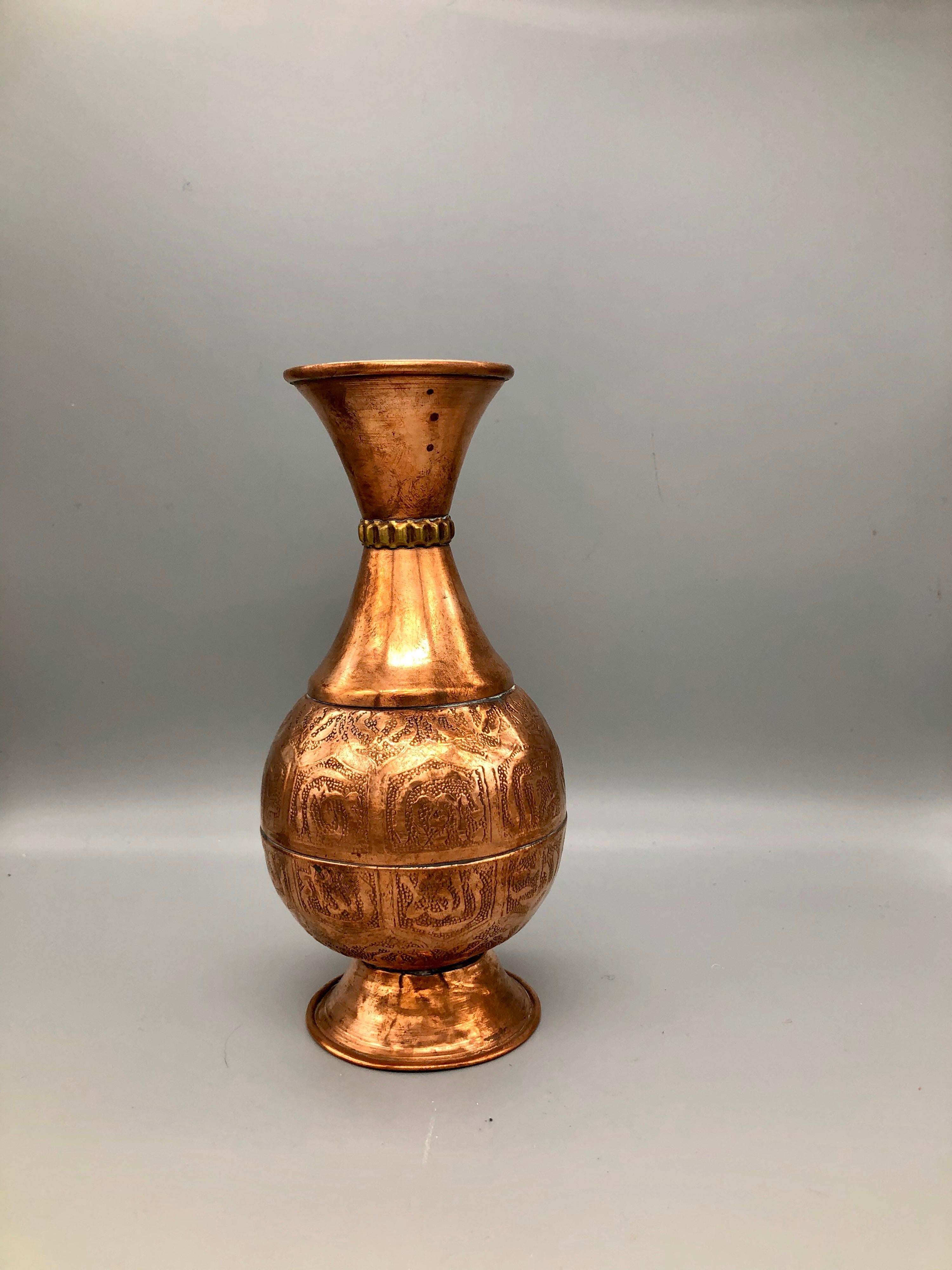 Tribal Vintage Moroccan Islamic Inscribed Hand Hammered Pure Red Copper Vase For Sale