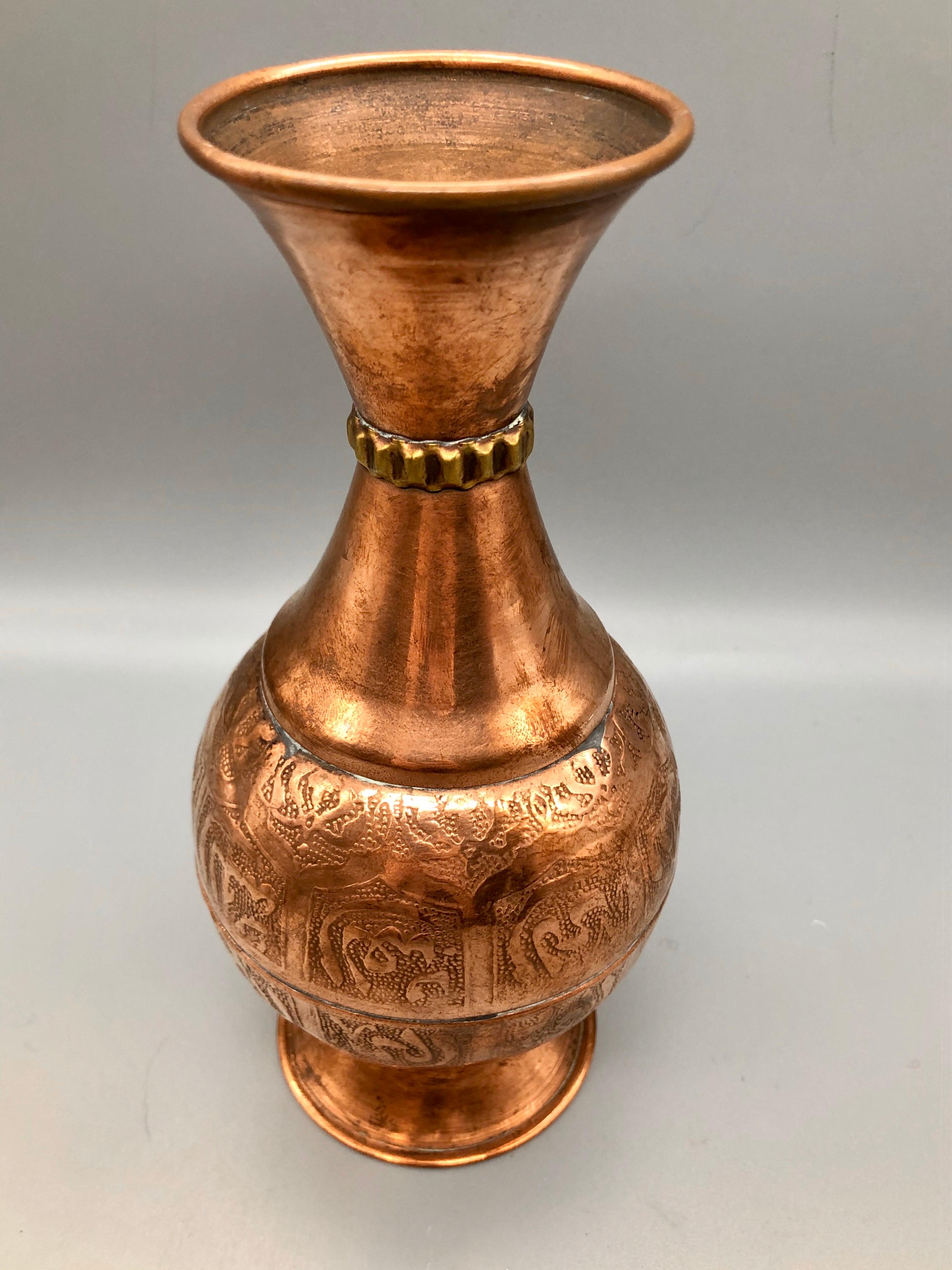 Brass Vintage Moroccan Islamic Inscribed Hand Hammered Pure Red Copper Vase For Sale