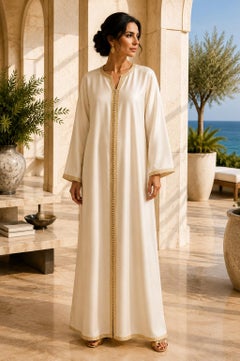 Vintage Moroccan Ivory Dupioni Silk Caftan Gown, Handcrafted 1970s