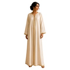 Vintage Moroccan Ivory Dupioni Silk Caftan Gown, Handcrafted 1970s