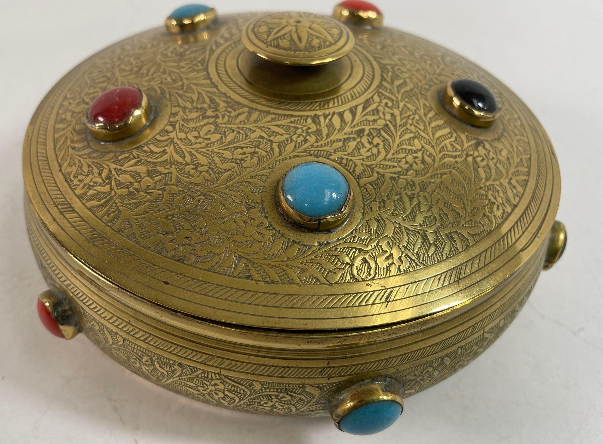 Vintage Moroccan Jewelled Trinket Brass Round Box with Beads For Sale 4