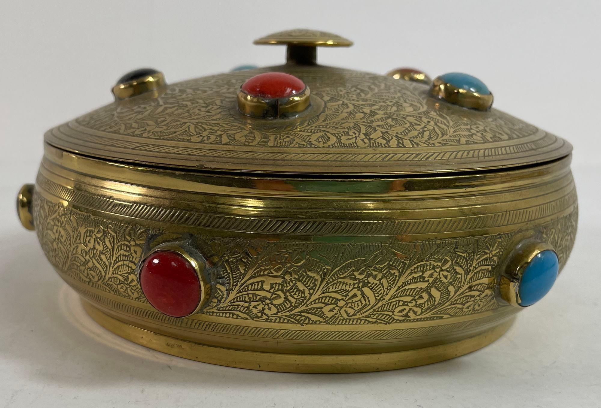 Vintage Moroccan Jewelled Trinket Brass Round Box with Beads For Sale 5