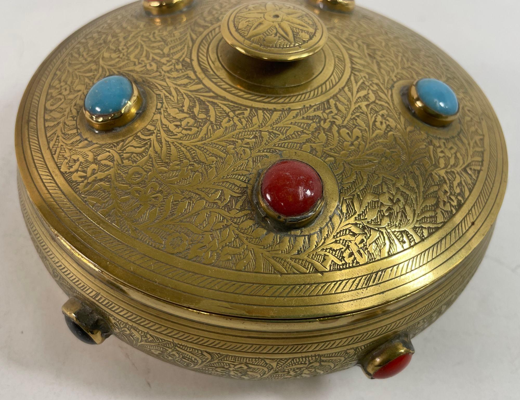 Vintage Moroccan Jewelled Trinket Brass Round Box with Beads For Sale 7