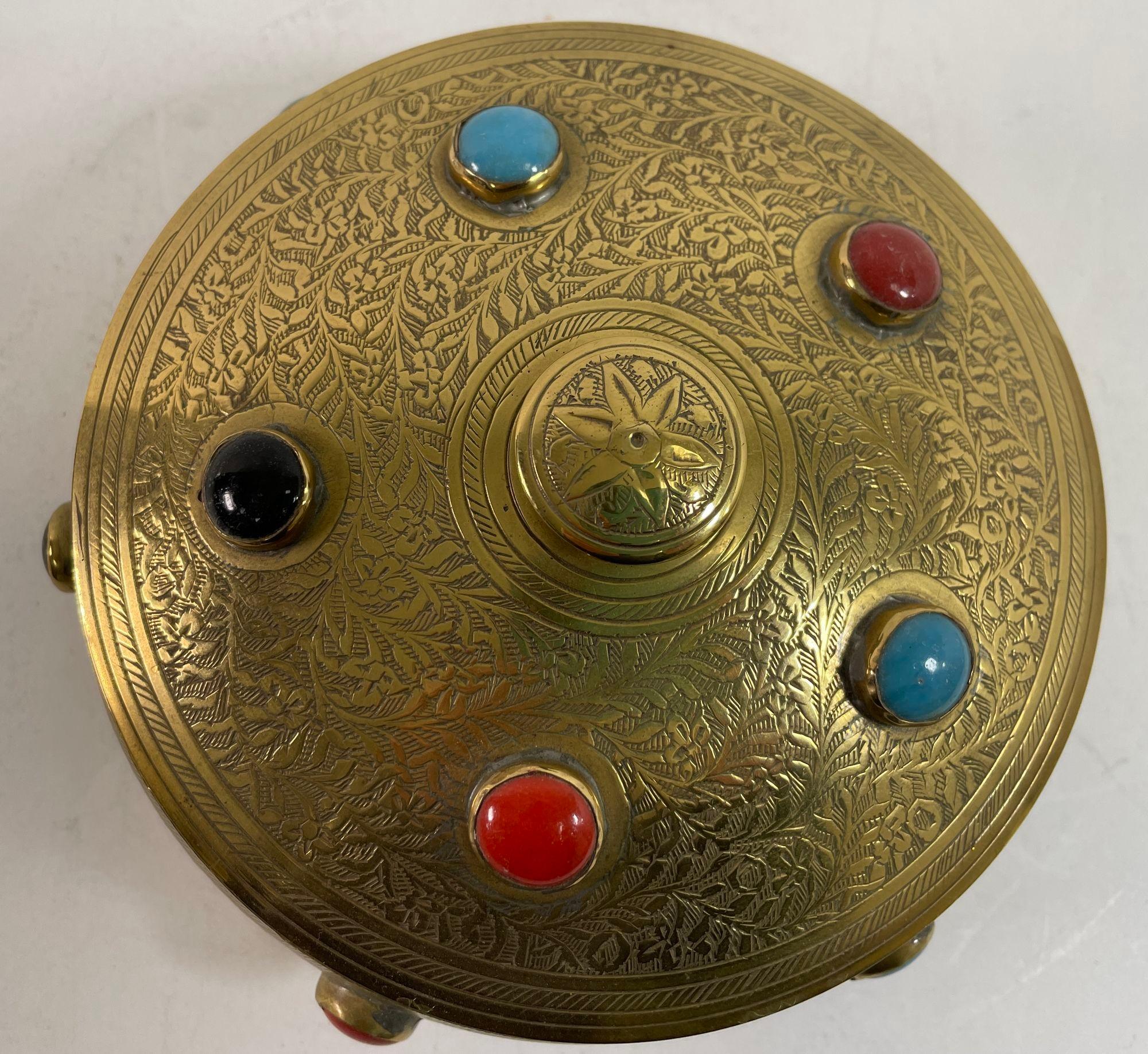 Vintage Moroccan Jewelled Trinket Brass Round Box with Beads For Sale 8