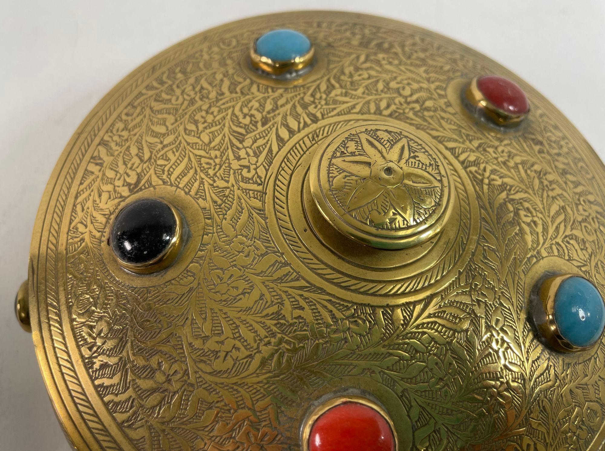 Moorish Vintage Moroccan Jewelled Trinket Brass Round Box with Beads For Sale