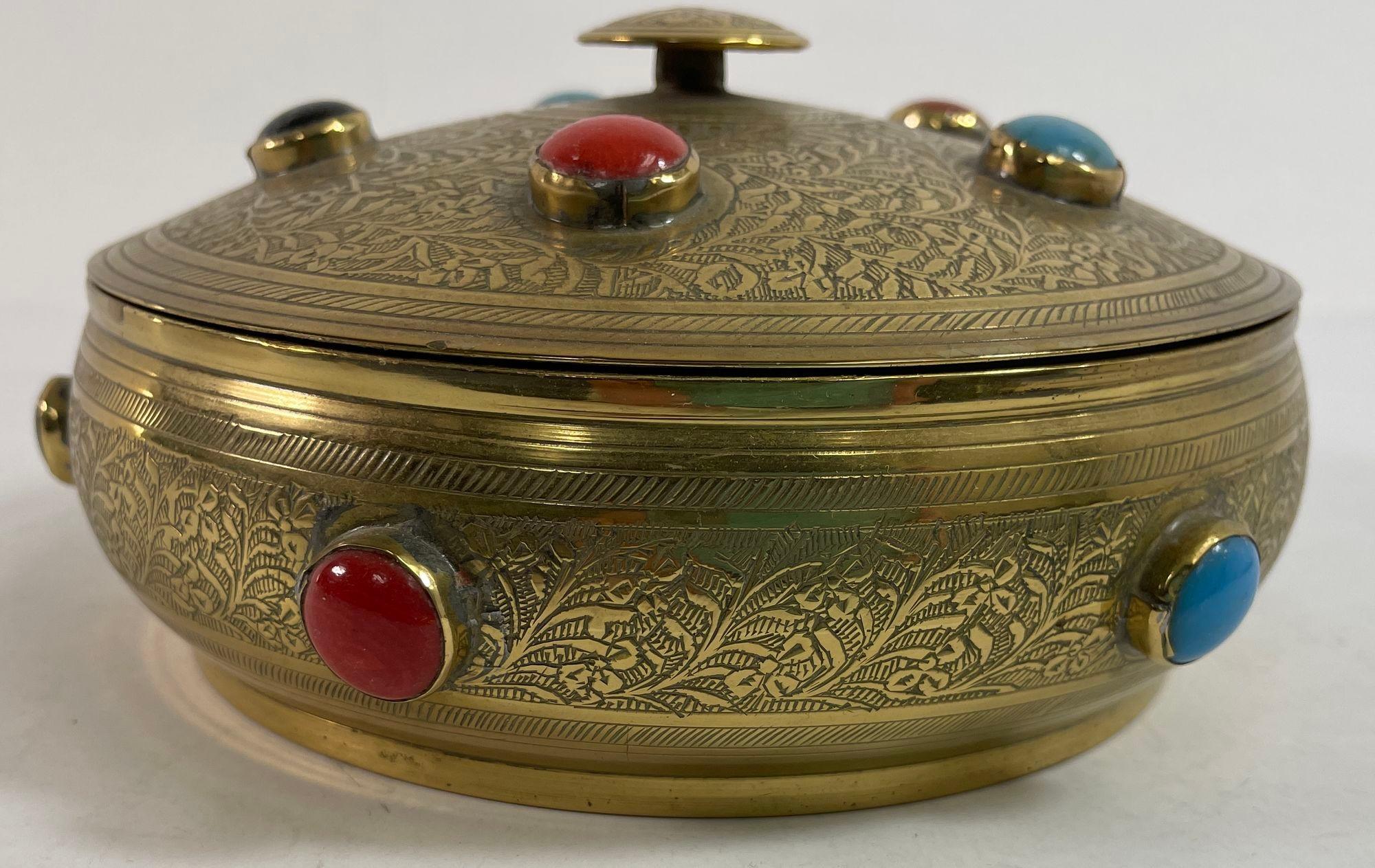 Hammered Vintage Moroccan Jewelled Trinket Brass Round Box with Beads For Sale
