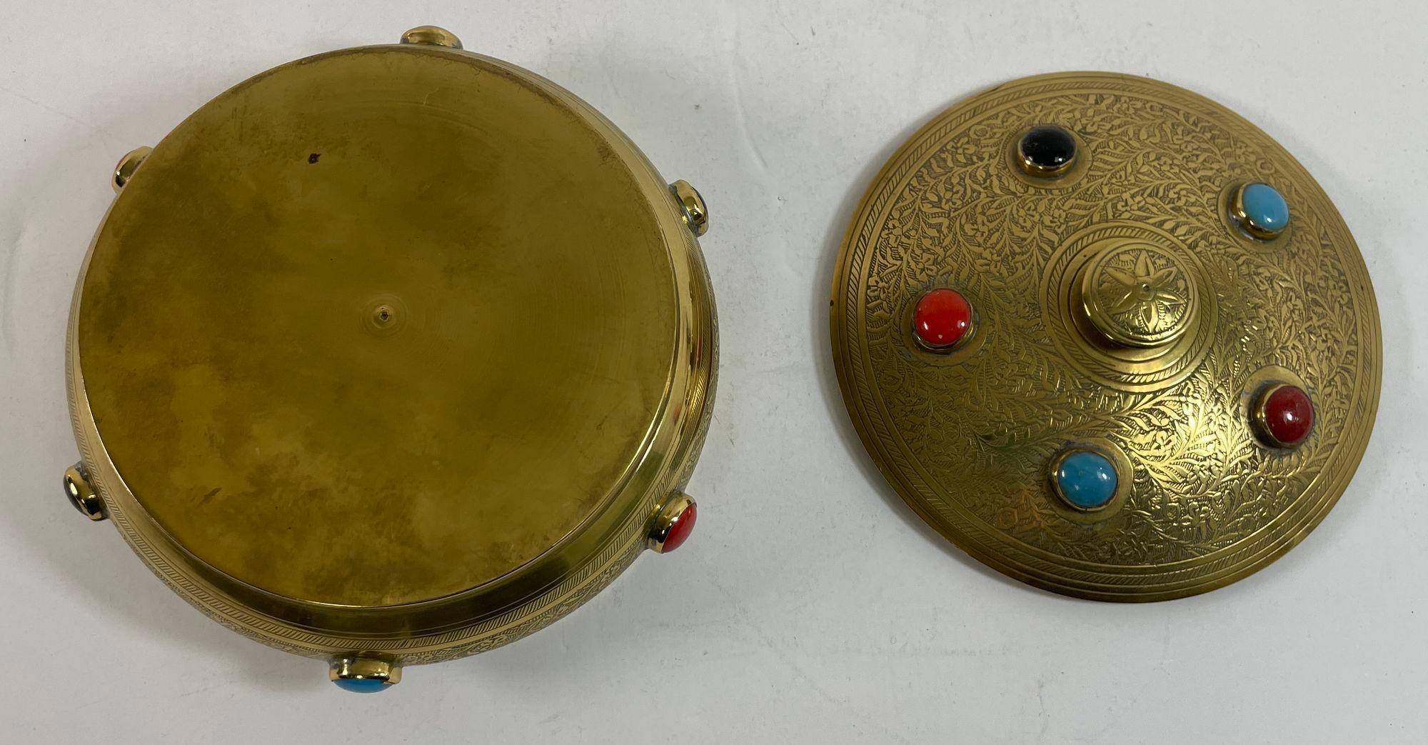 20th Century Vintage Moroccan Jewelled Trinket Brass Round Box with Beads For Sale