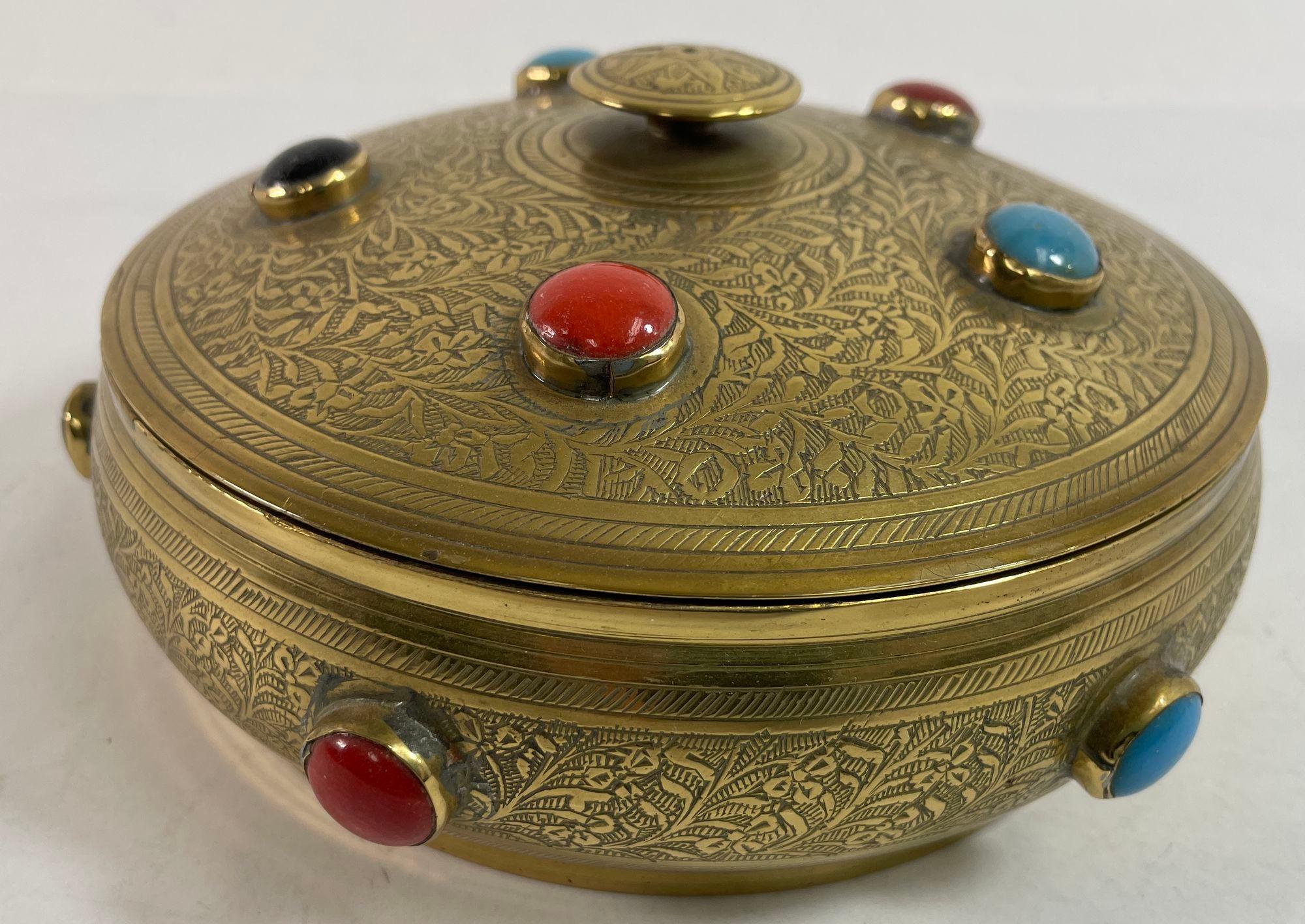 Vintage Moroccan Jewelled Trinket Brass Round Box with Beads For Sale 1