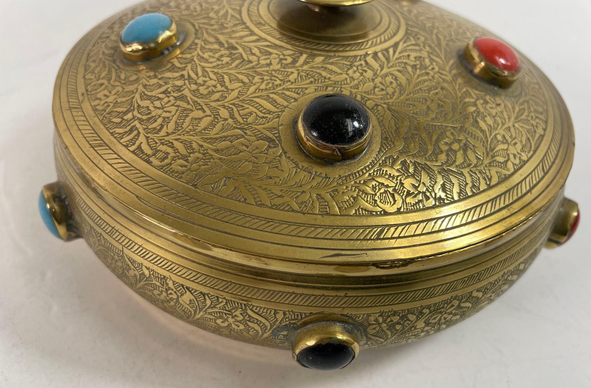 Vintage Moroccan Jewelled Trinket Brass Round Box with Beads For Sale 2