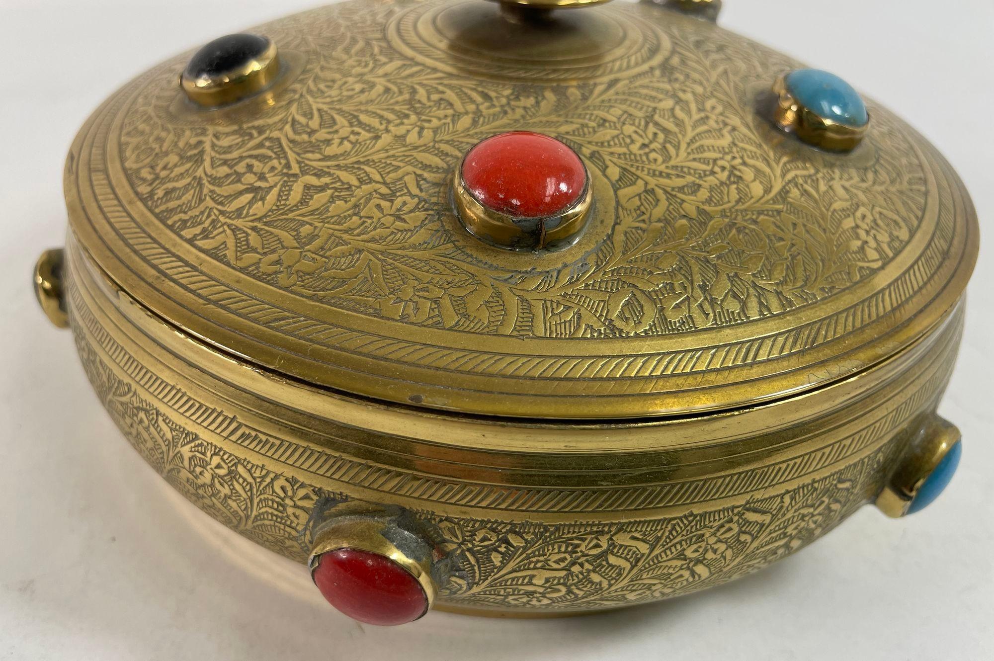 Vintage Moroccan Jewelled Trinket Brass Round Box with Beads For Sale 3