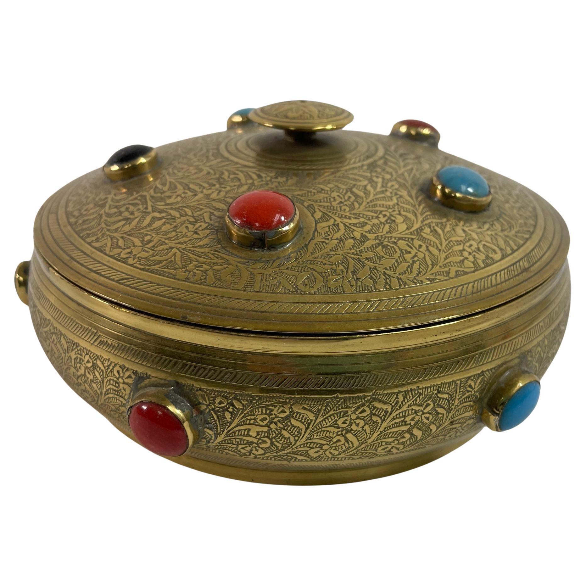 Vintage Moroccan Jewelled Trinket Brass Round Box with Beads For Sale