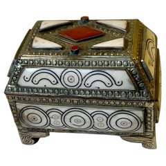 Vintage Moroccan Jewelry Box in Hand-Engraved Metal & Camel Bone