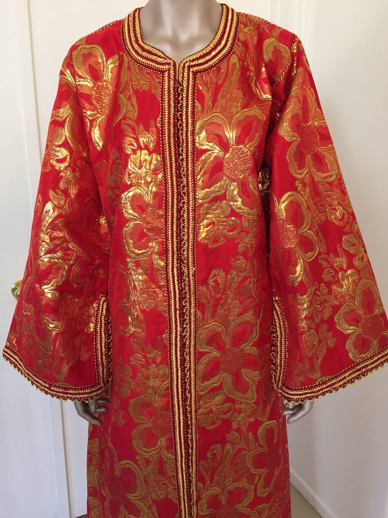 Vintage Moroccan Kaftan 1970s Red and Gold Floral Brocade Caftan Maxi