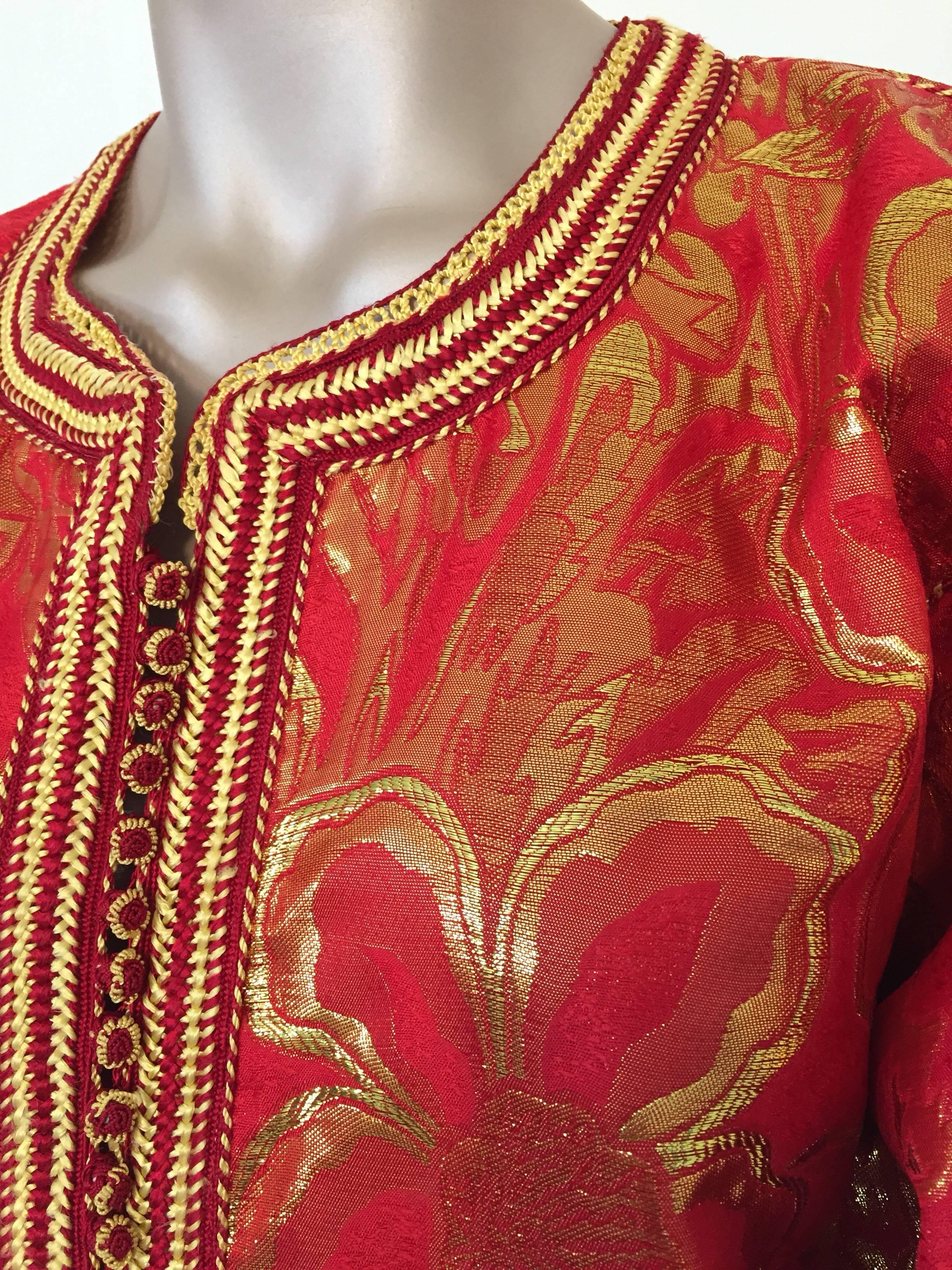 Moorish Vintage Moroccan Kaftan 1970s Red and Gold Floral Brocade Caftan Maxi Dress For Sale